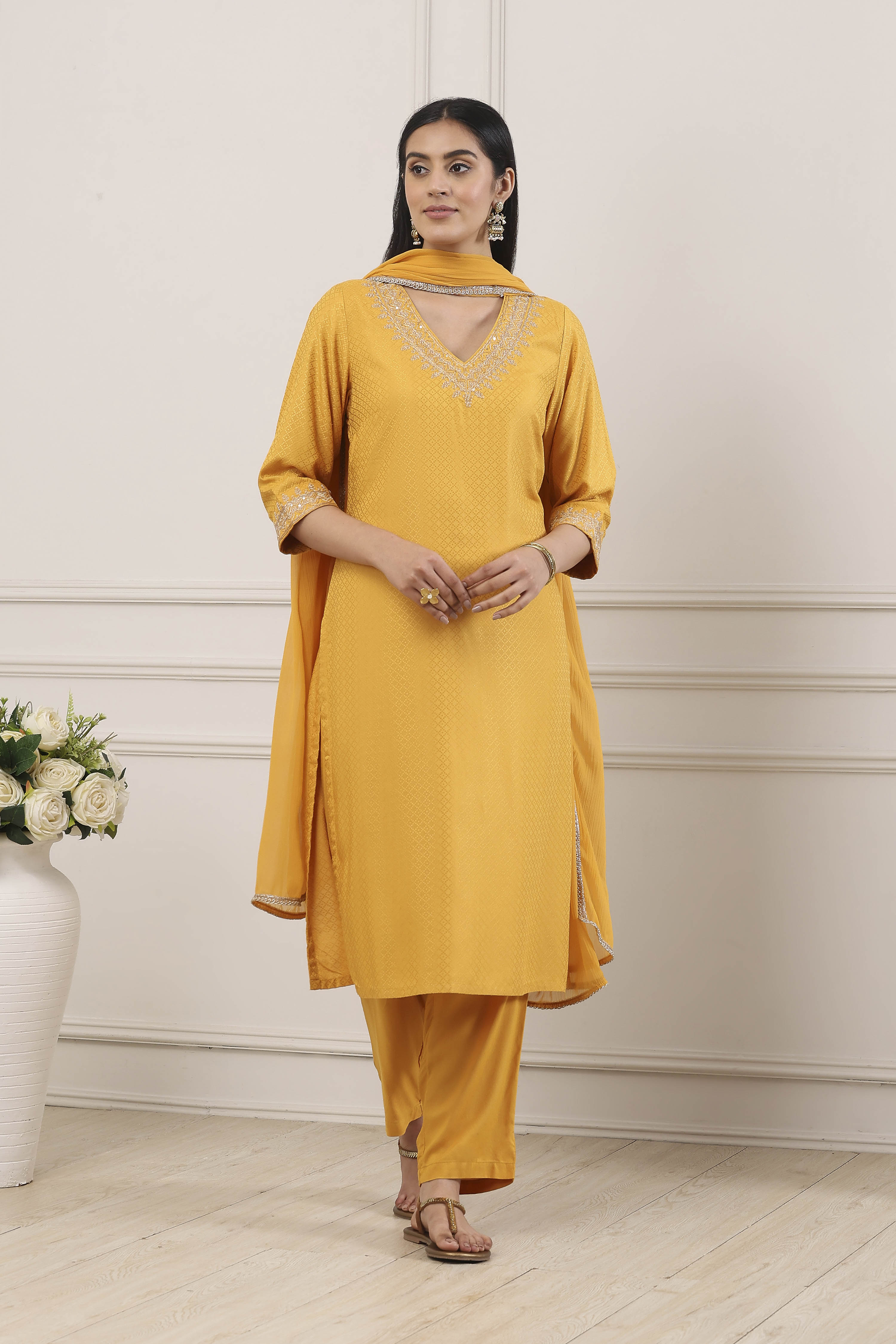 Yellow Viscose Rayon Straight Suit Set image number 7