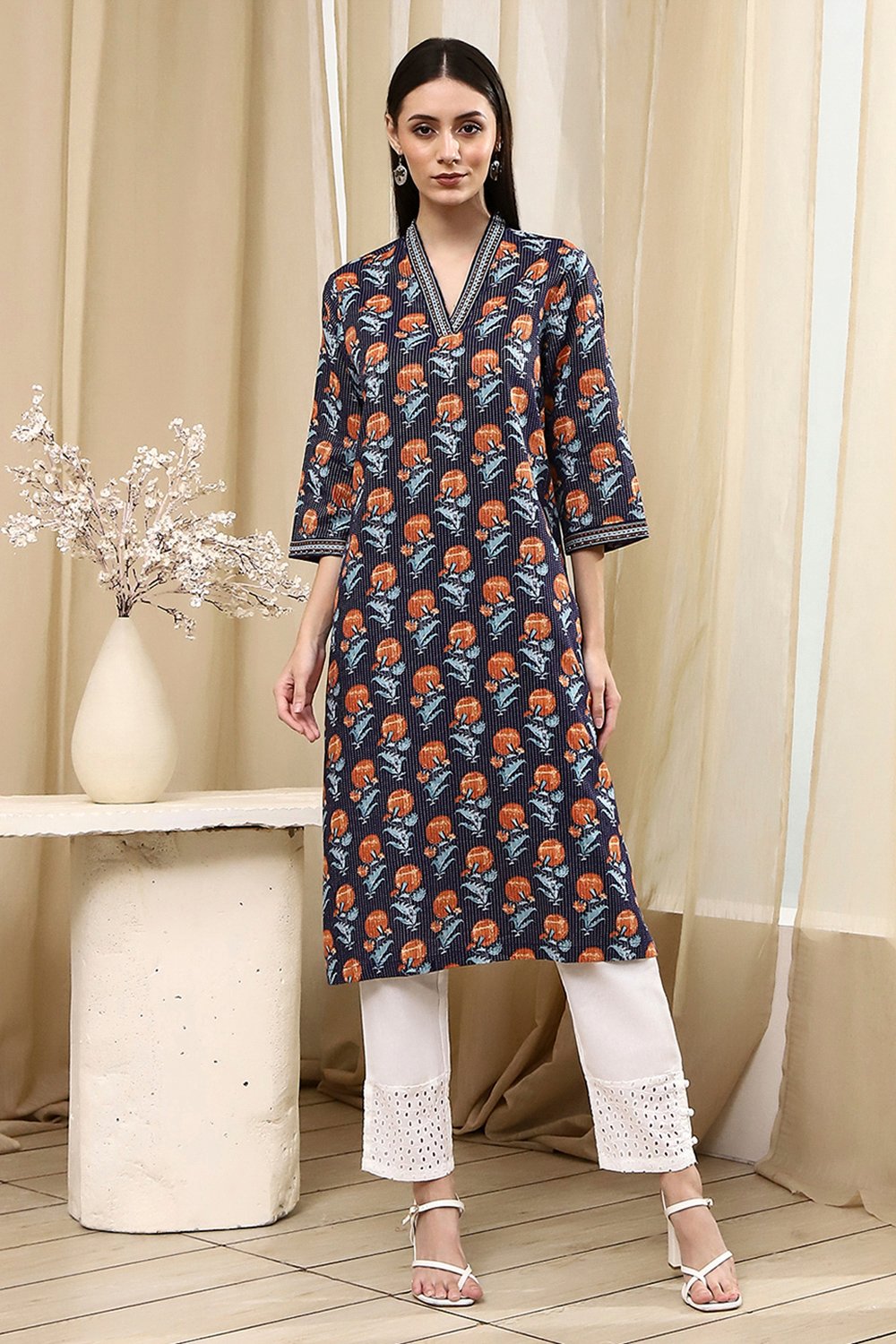 Blue Cotton Printed Straight Kurta image number 5