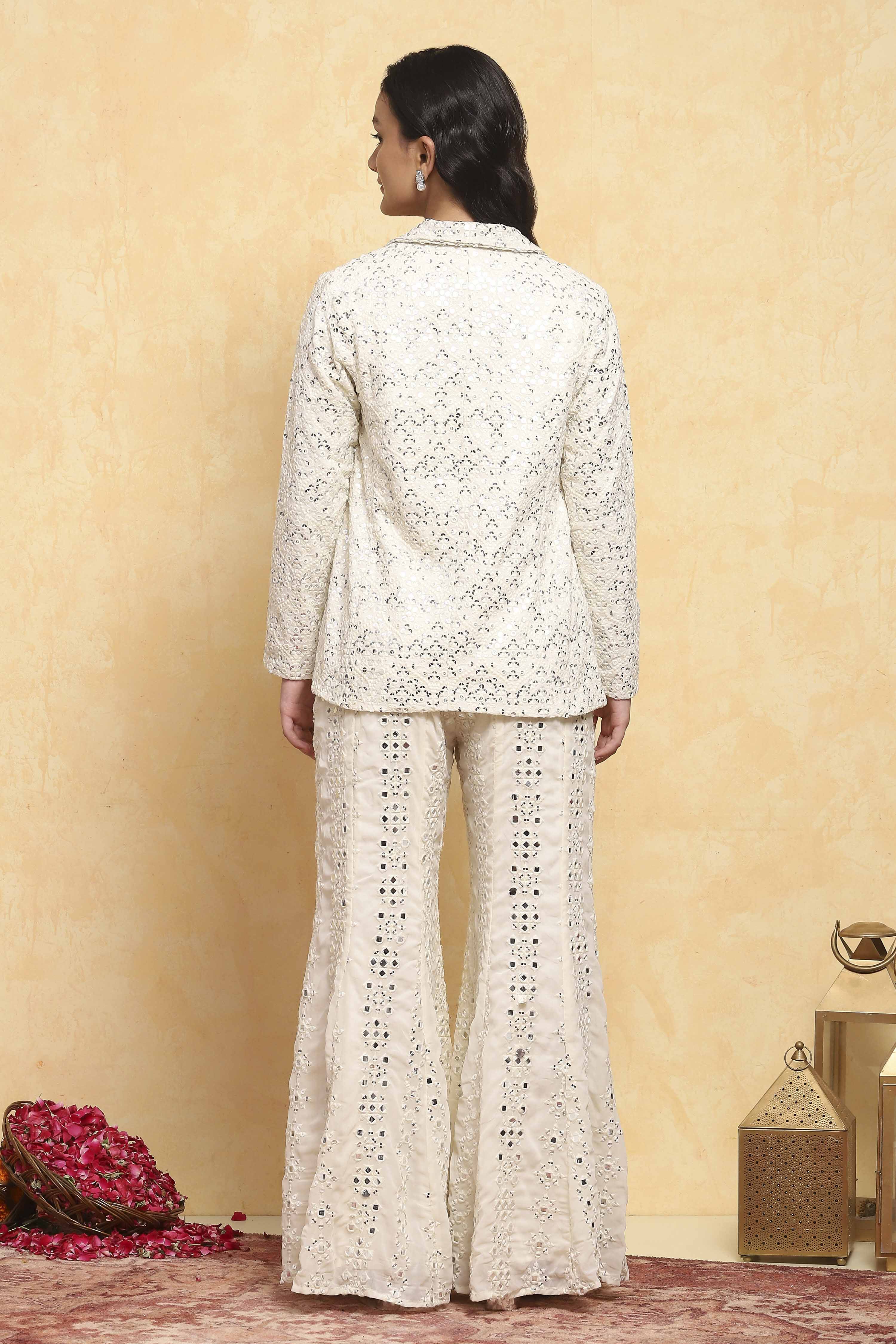 White Viscose Rayon Embroidered Straight Suit Set image number 4