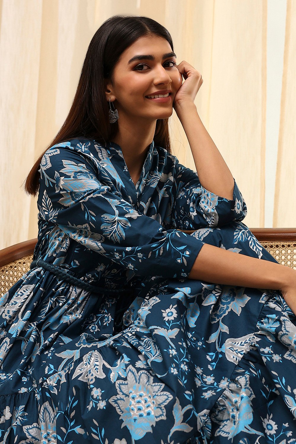 Earthy Blue Cotton Floral Tiered Dress image number 1