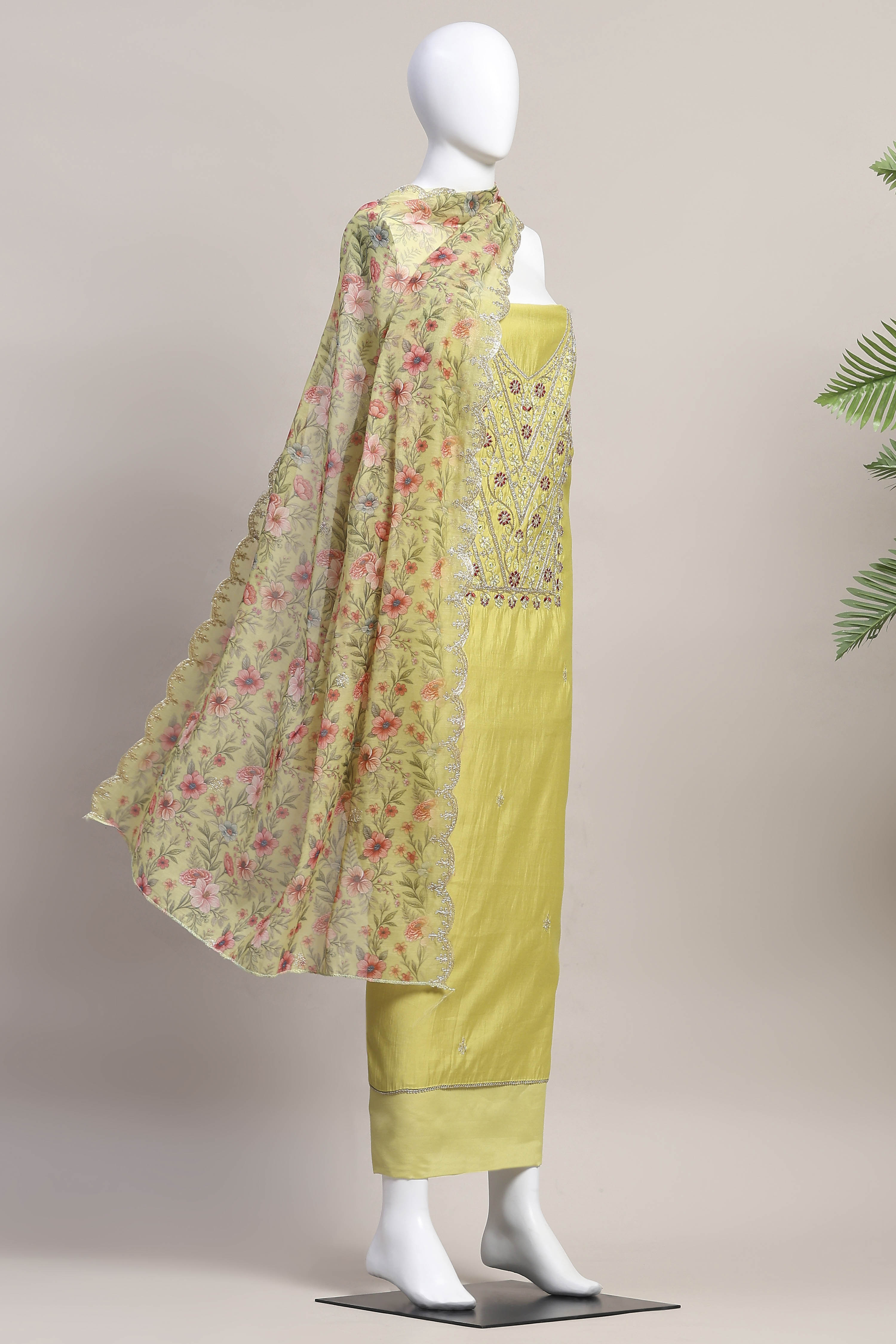 Teal Chanderi Unstitched Suit Set image number 4