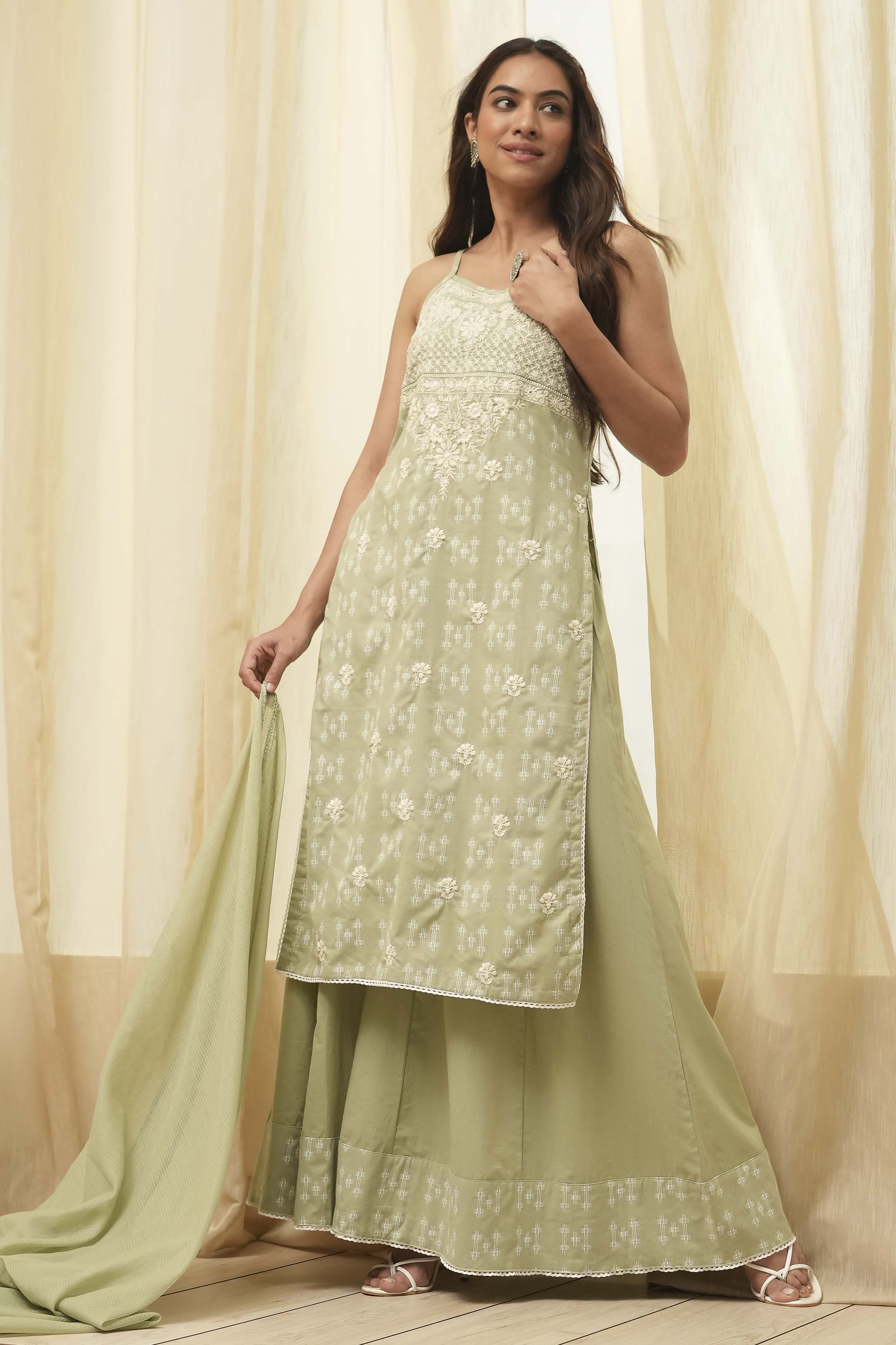 Pink Cotton Floral Strappy Straight Suit Set image number 0