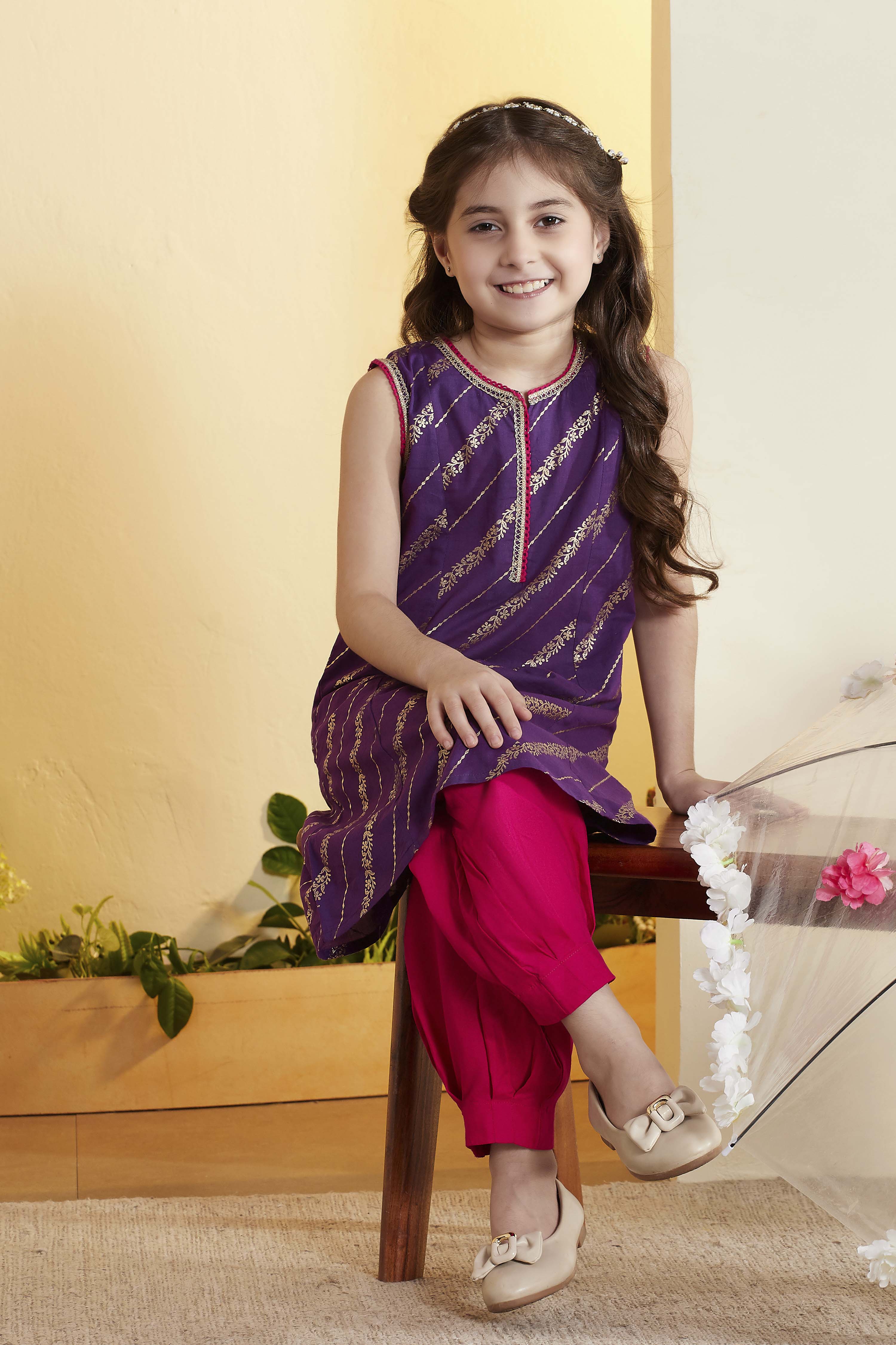 Purple Cotton Printed Straight Kurta Pants Set image number 0