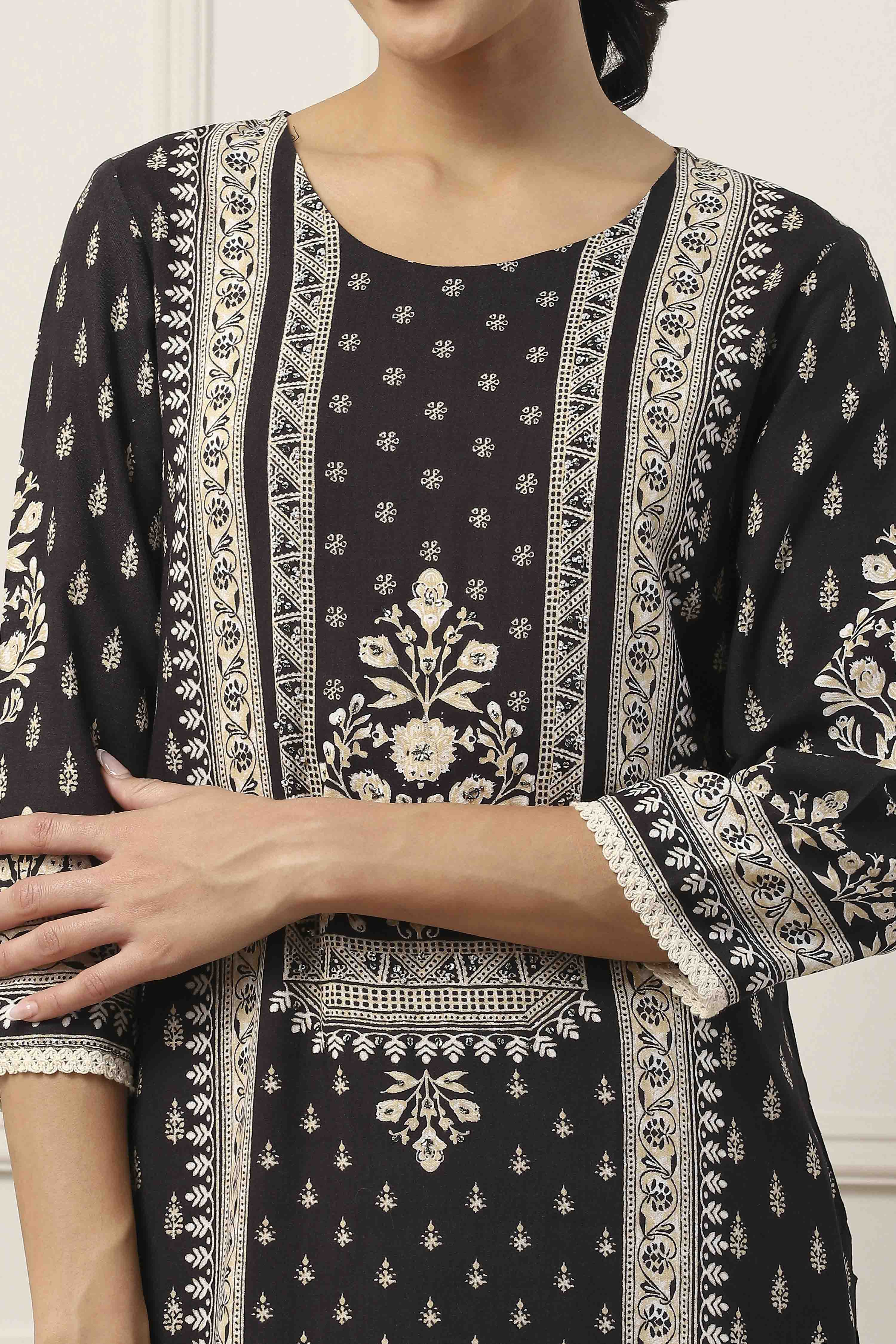 Black Viscose Rayon Ethnic Motif Printed Straight Kurta image number 1