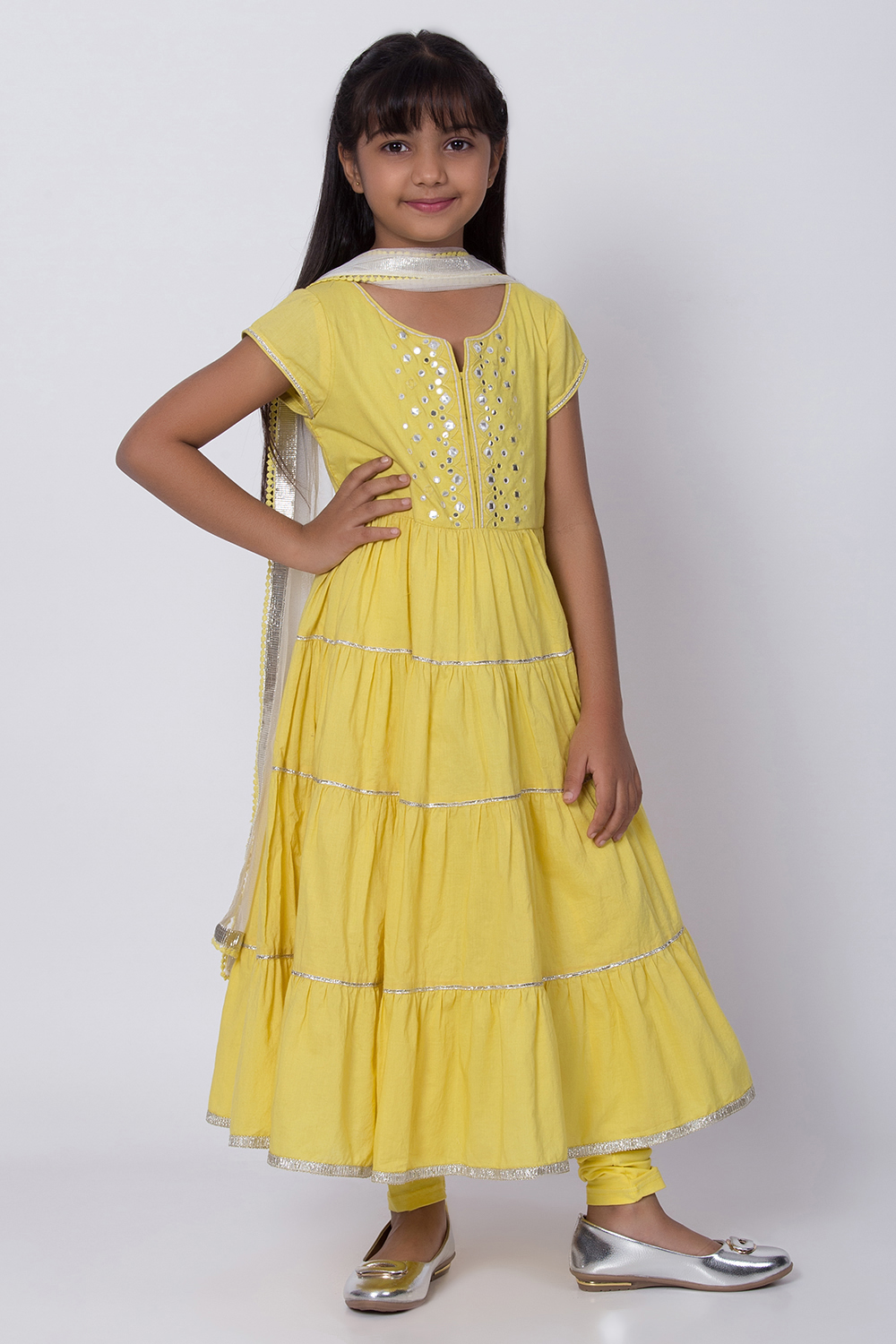 Yellow Cotton Tired Kurta Churidar Suit Set image number 3
