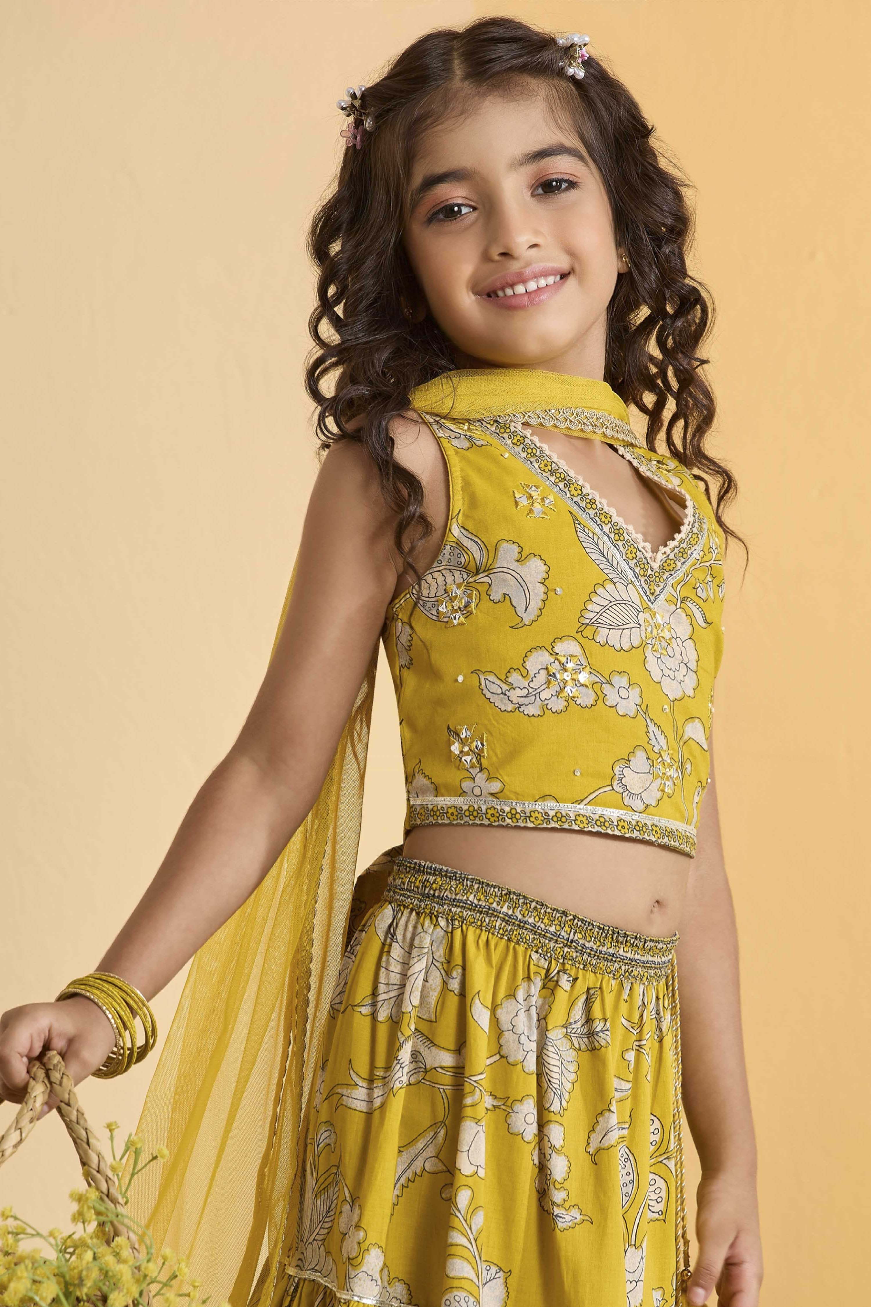Yellow Cotton Floral Gathered Lehenga Set image number 1