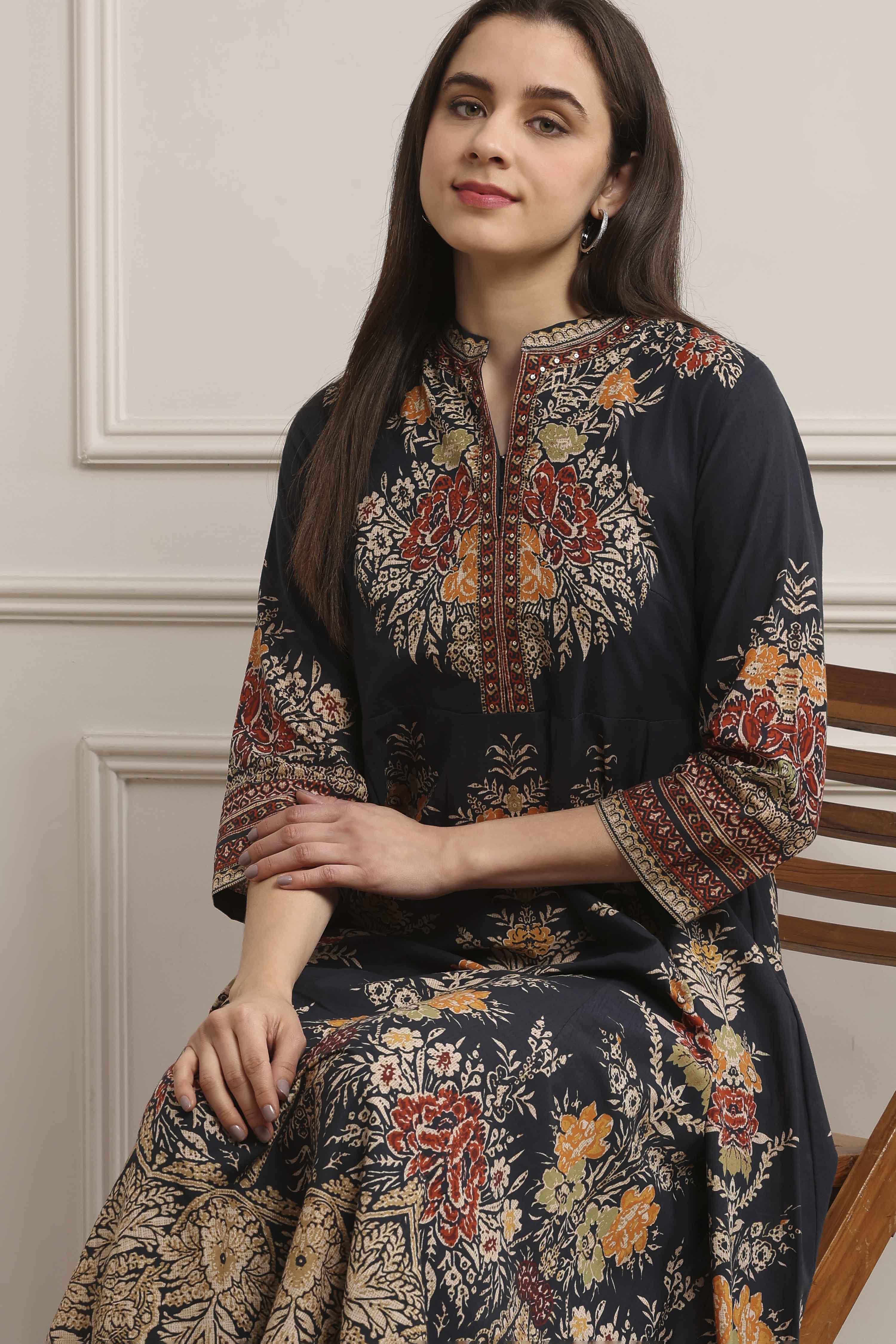 Charcoal Cotton Kalidar Printed Kurta Pants Set image number 7