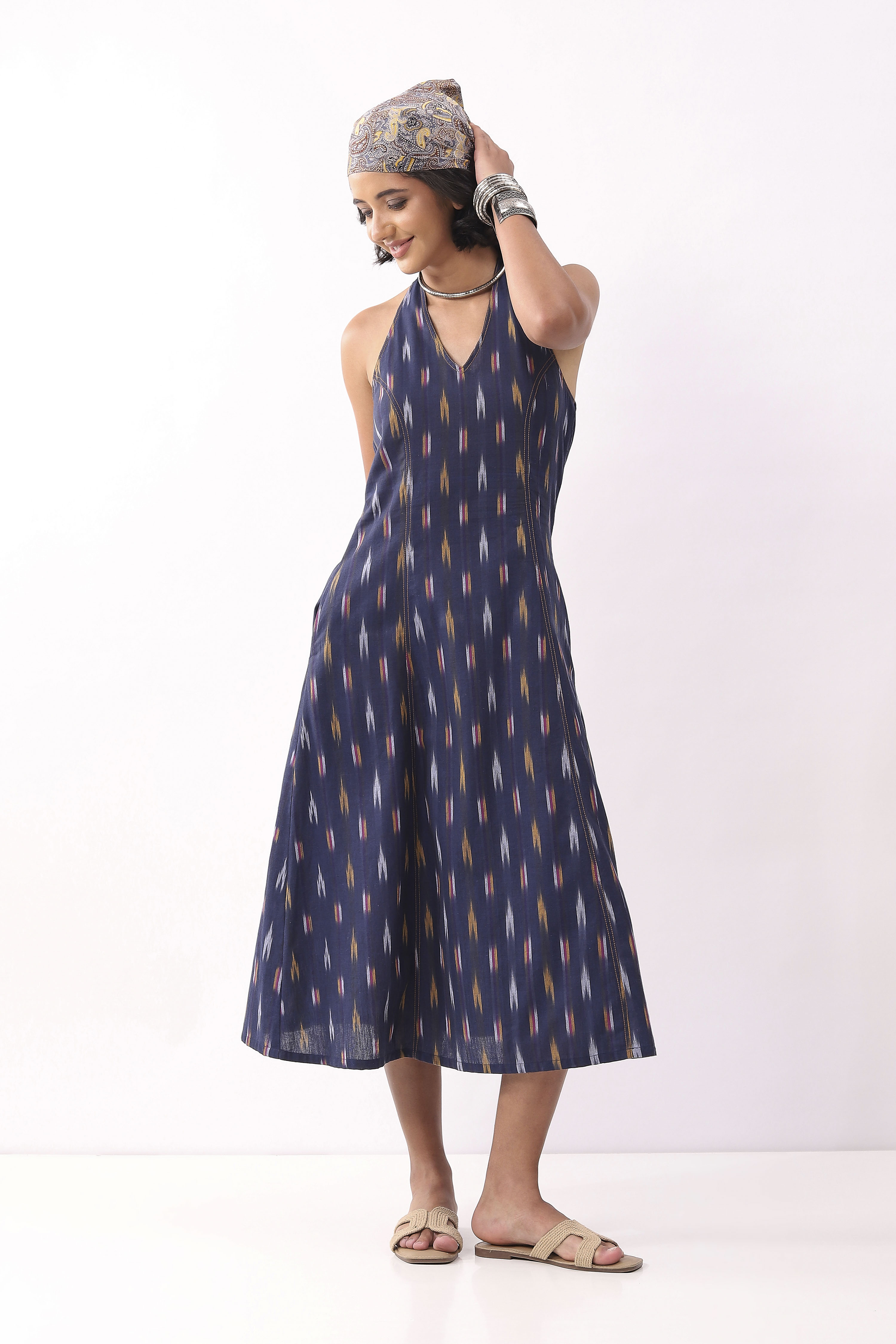 Navy Blue Cotton Abstract A-Line Midi Dress image number 5