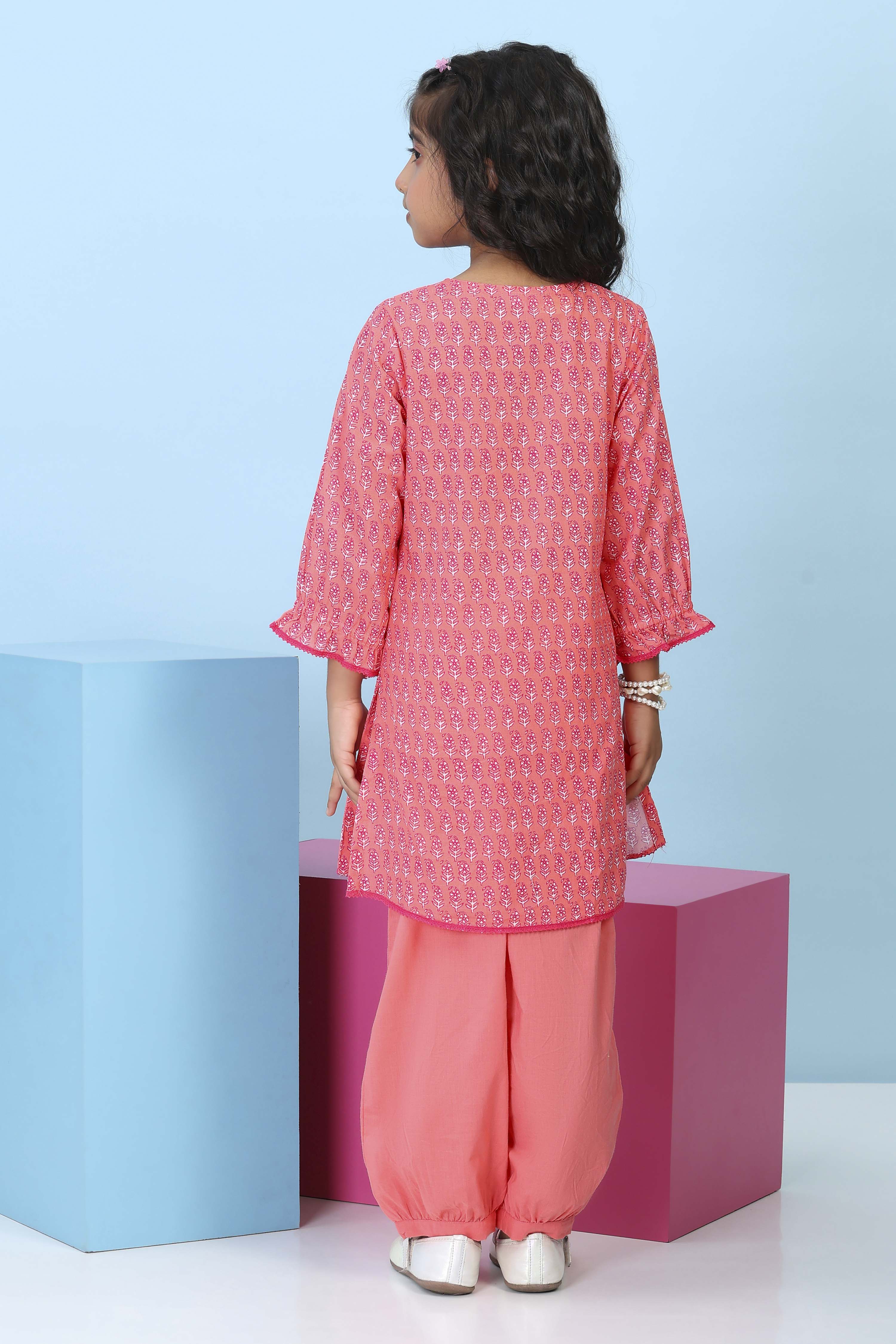 Peach Cotton Printed Straight Suit Set image number 5