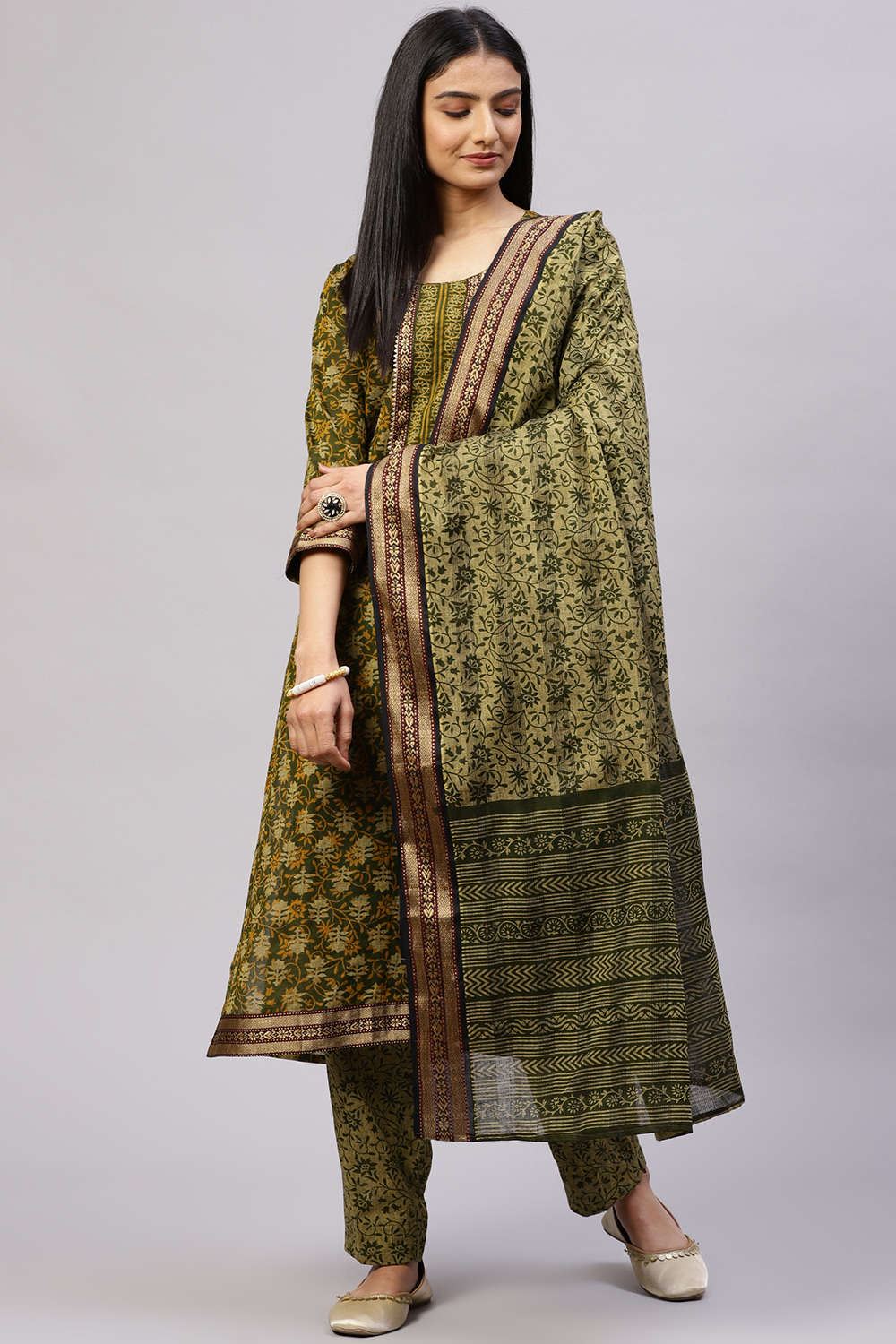 Olive Cotton Woven Unstitched Suit Set image number 0
