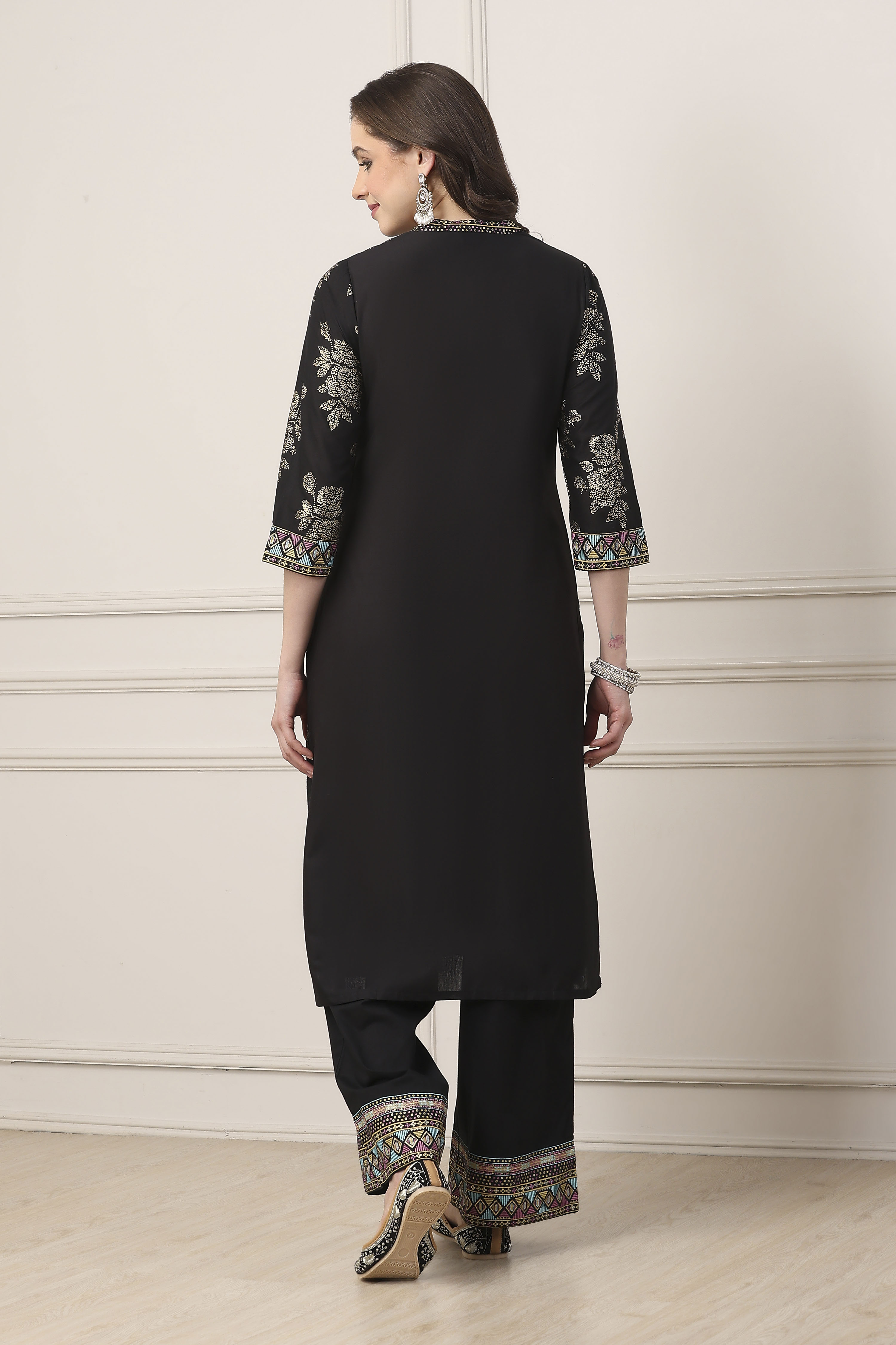 Black Cotton Straight Kurta Palazzo Suit Set image number 4