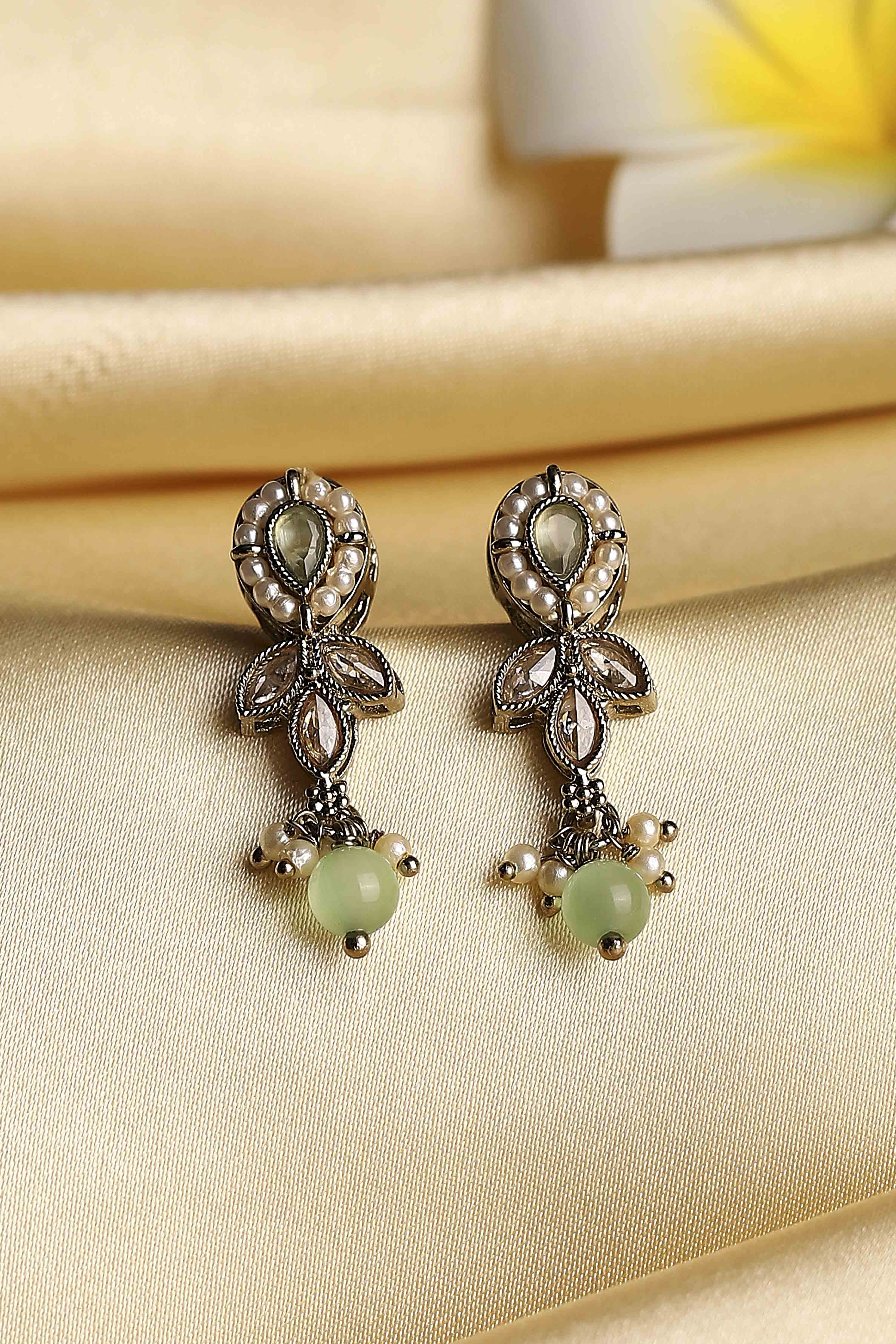 Mint Green Gold Plated Alloy Pearl Studded Drop Earrings image number 0