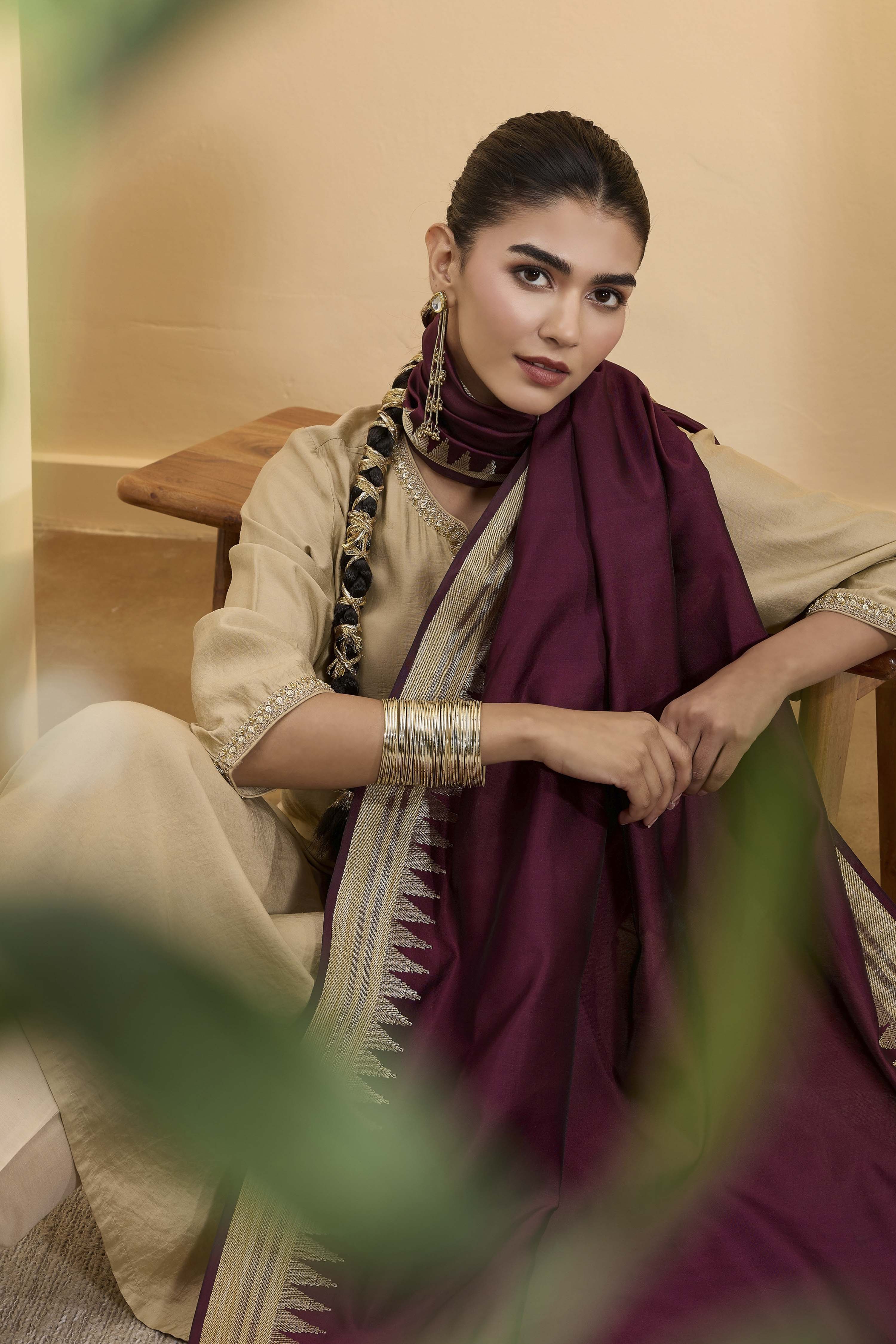Maroon Poly Loom Side Striped Dupatta image number 0