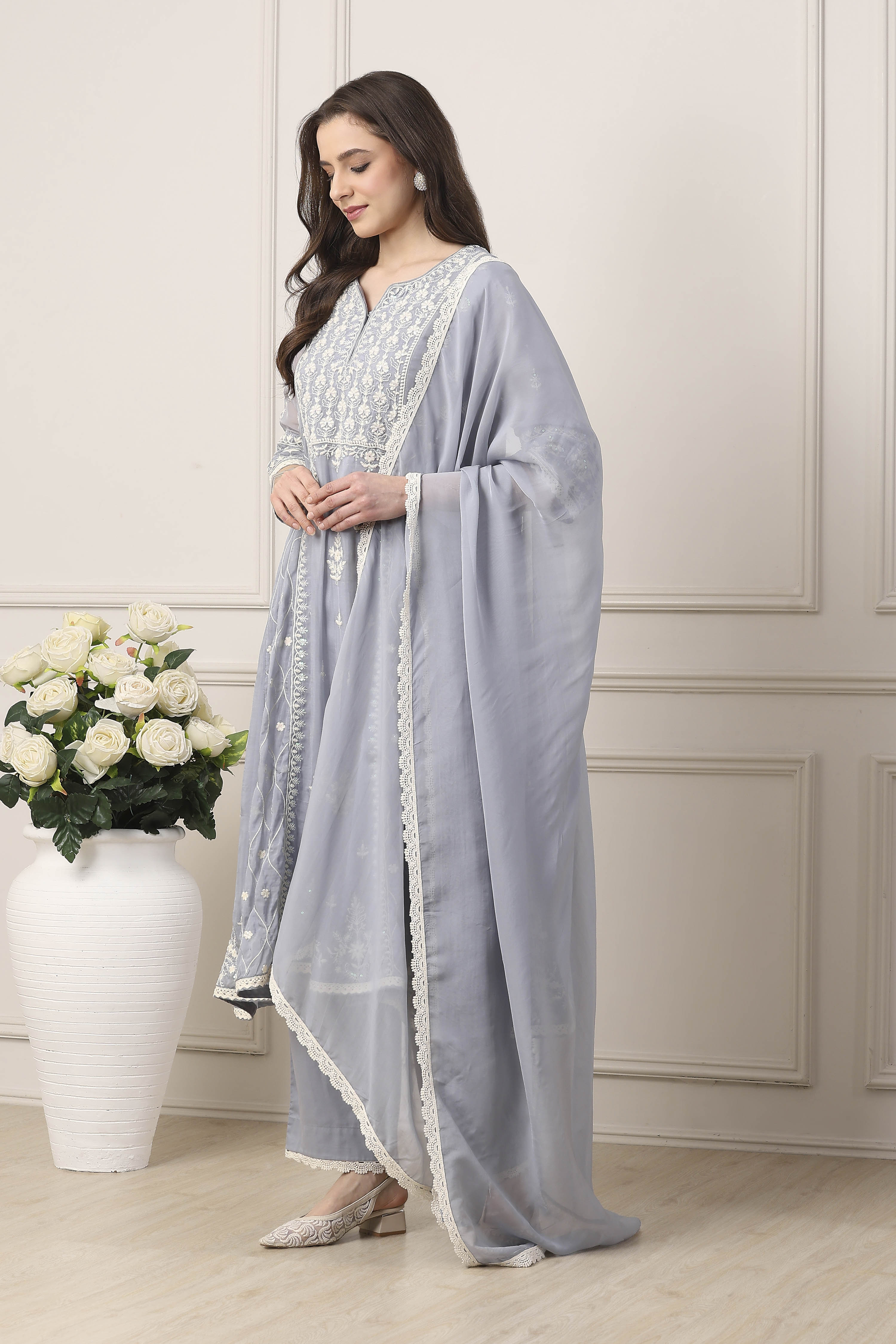 Blue Viscose Organza Floral Embroidered Kalidar Suit Set image number 7