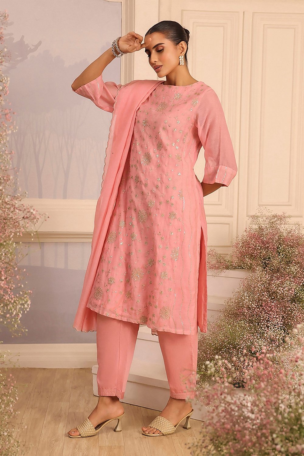 Pink Silk A-Line Embroidered Suit Set image number 3
