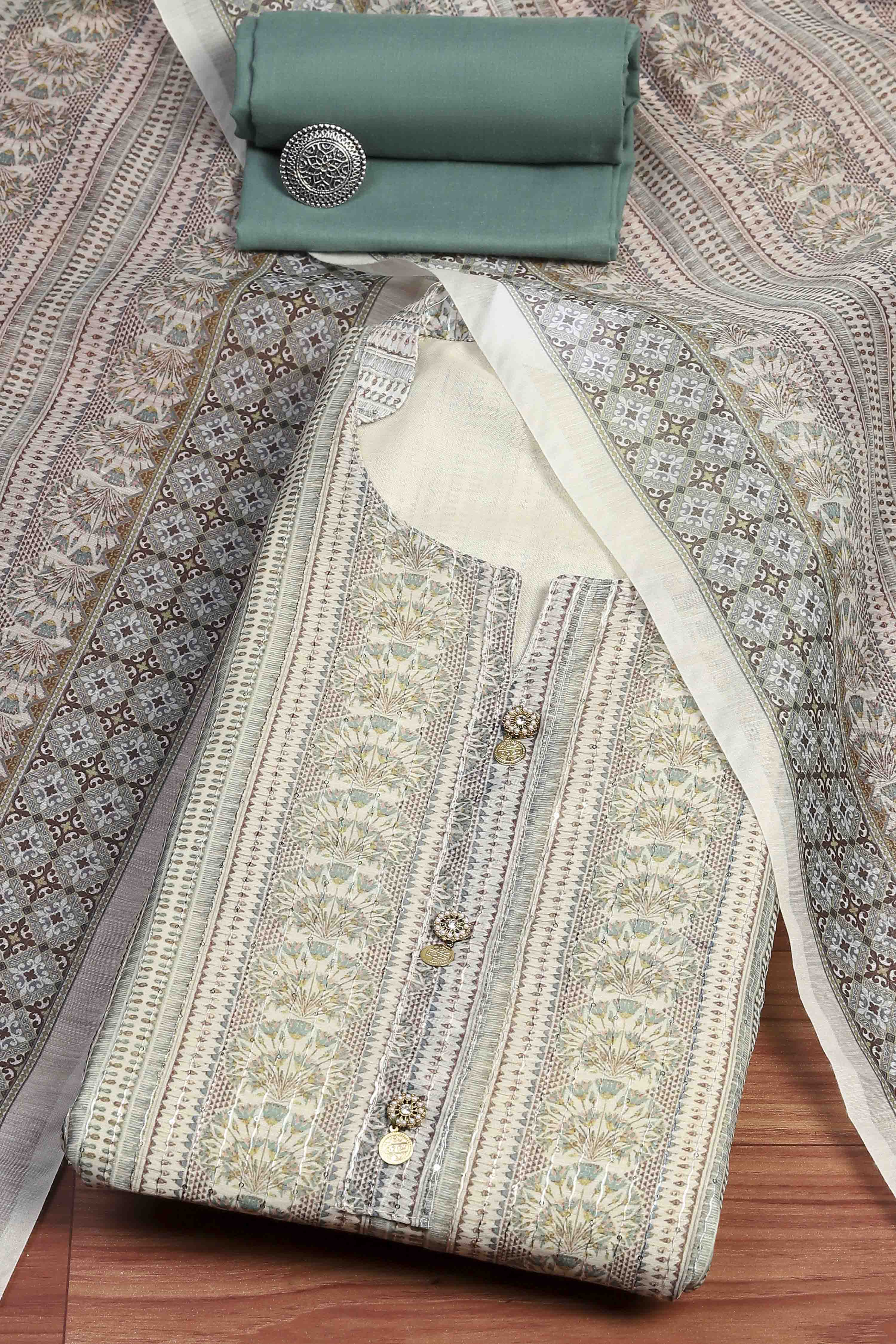 Green Silk Blend Printed Embroidered Unstitched Suit Set image number 0