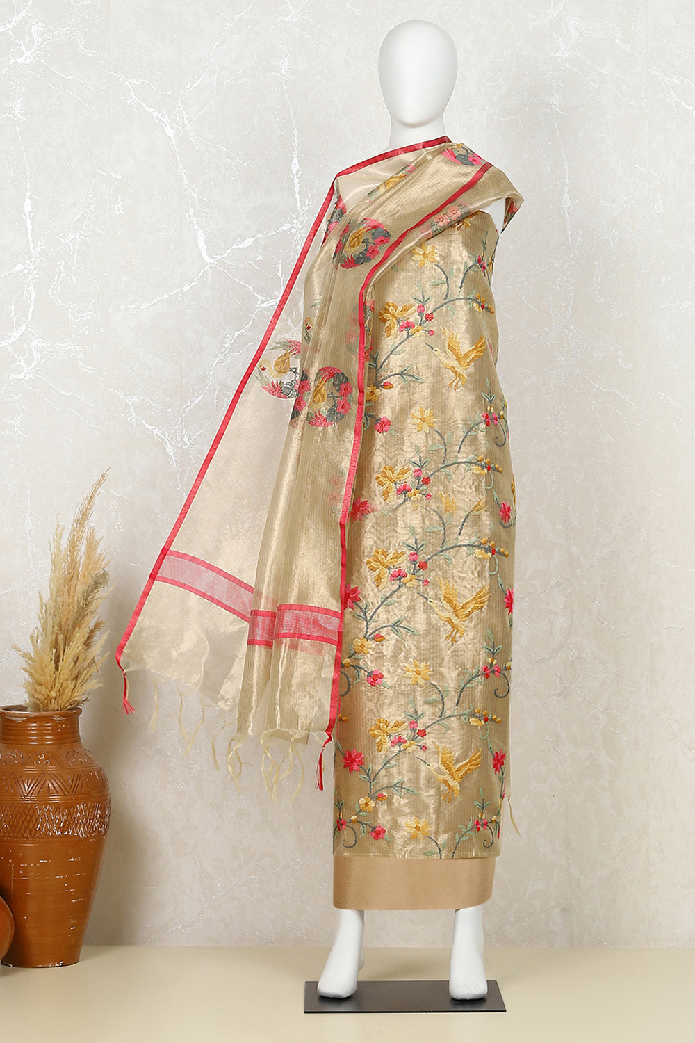 Gold Tissue Machine Embroidered Unstitched Suit Set image number 4
