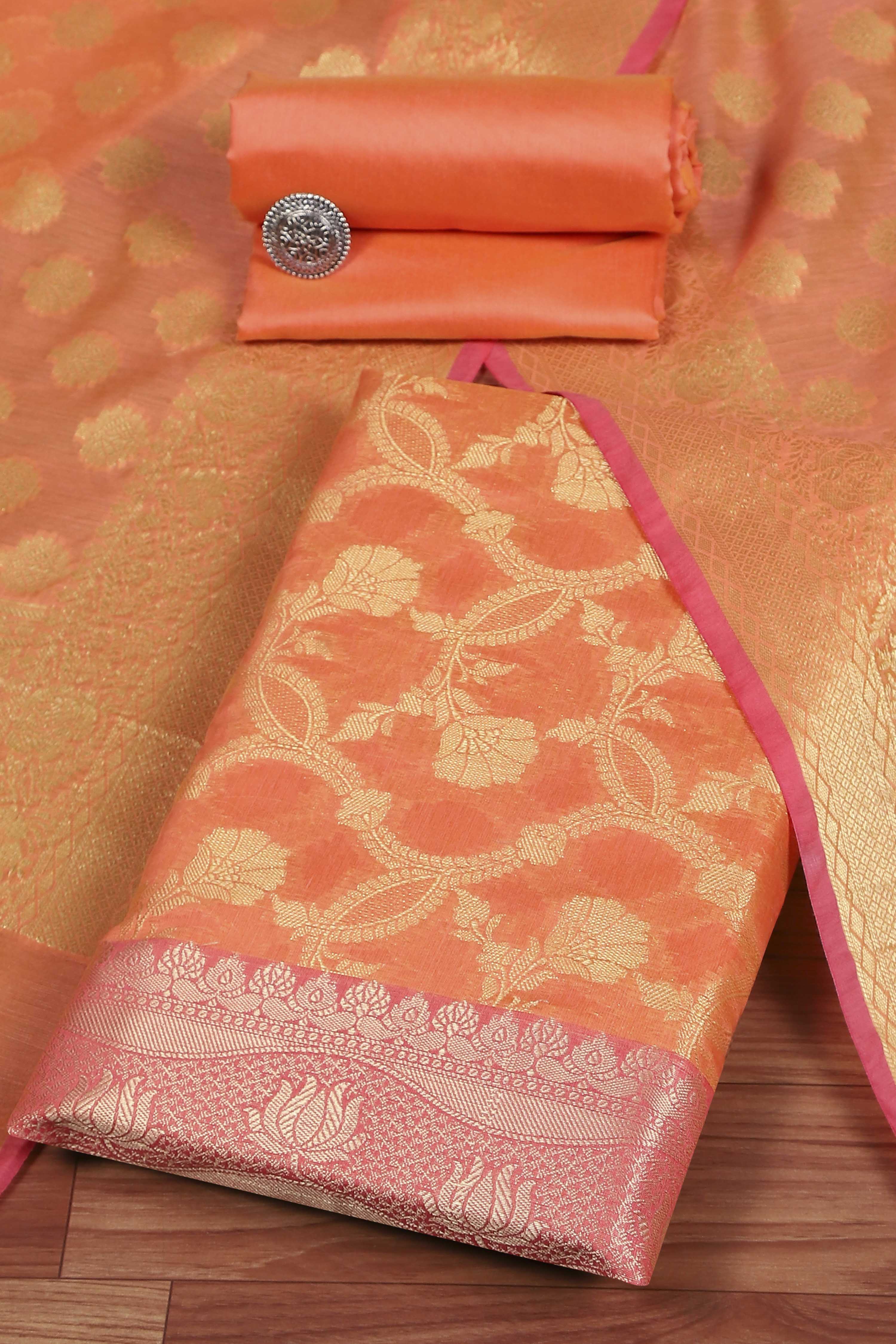 Pink Cotton Printed Embroidered Unstitched Suit Set image number 0
