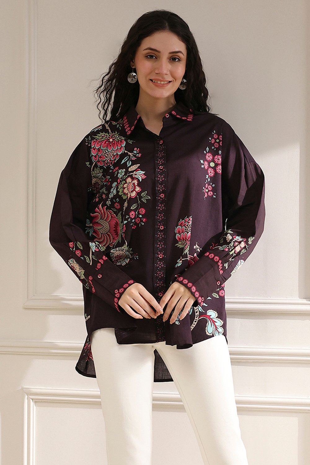 Brown Cotton Floral Printed Shirt image number 5