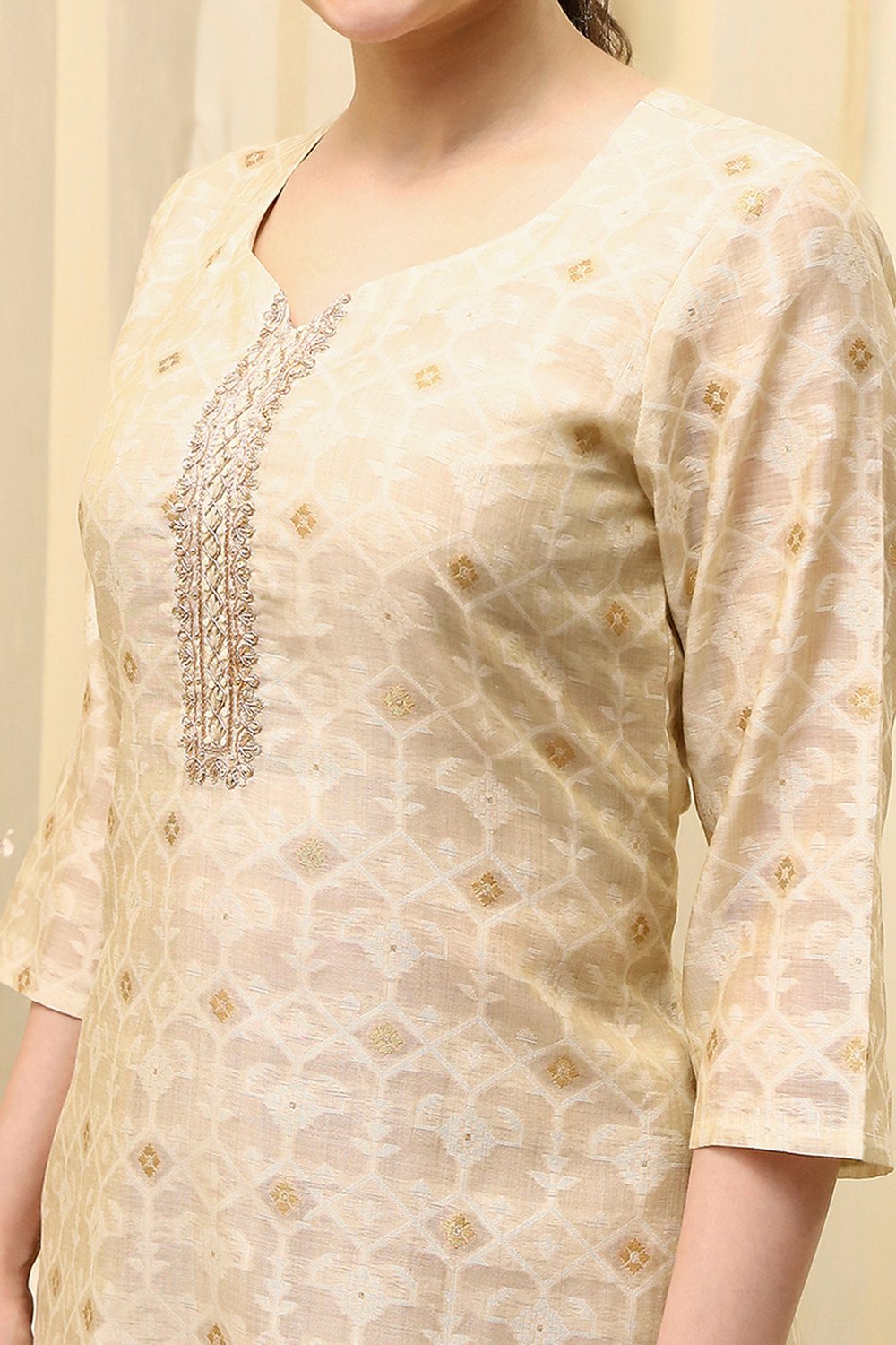 Beige Chanderi Jamdani Unstitched Suit Set image number 2