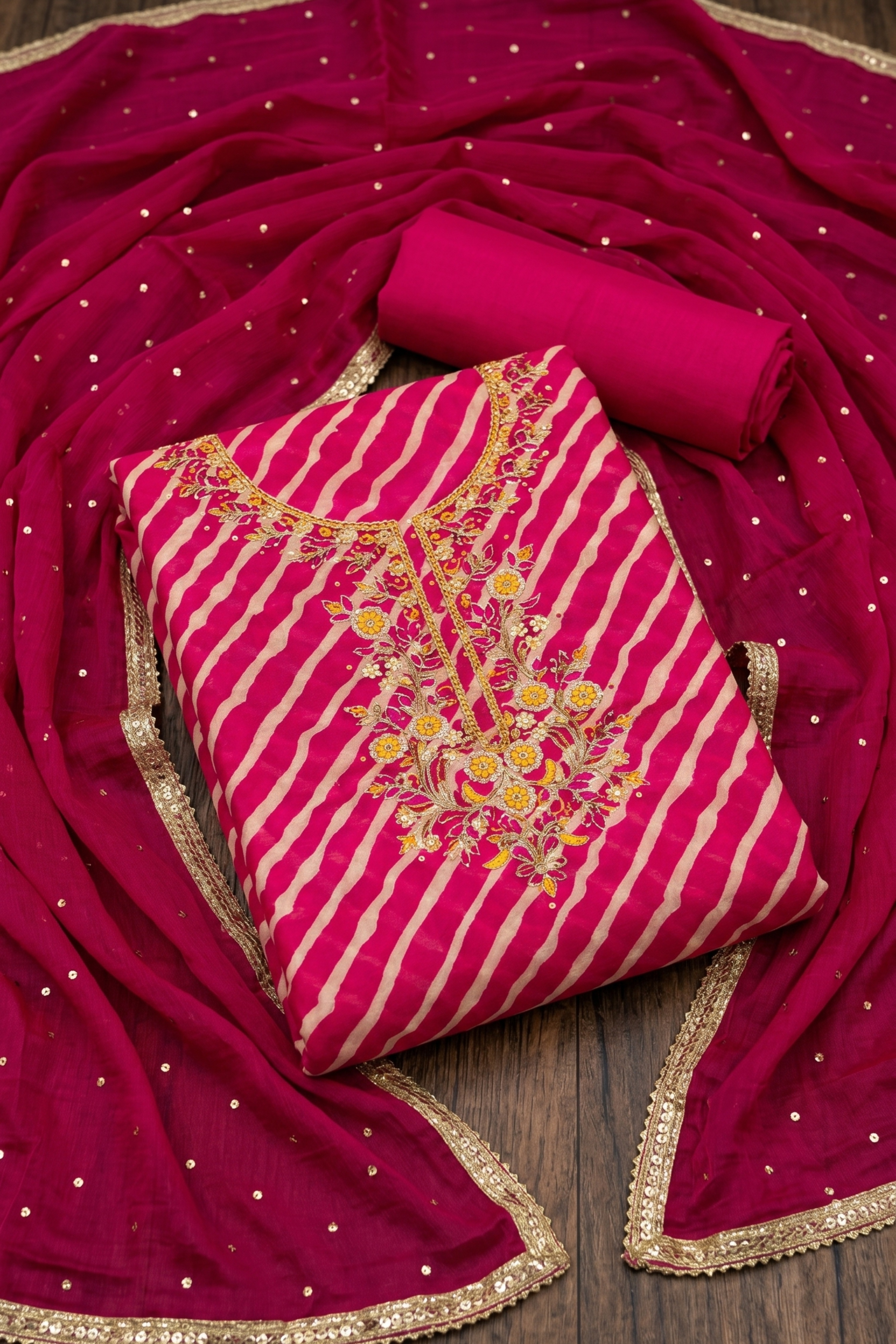 Pink Chanderi Embroidery With Rajasthani Lehriya Print Unstitched Suit Set image number 0