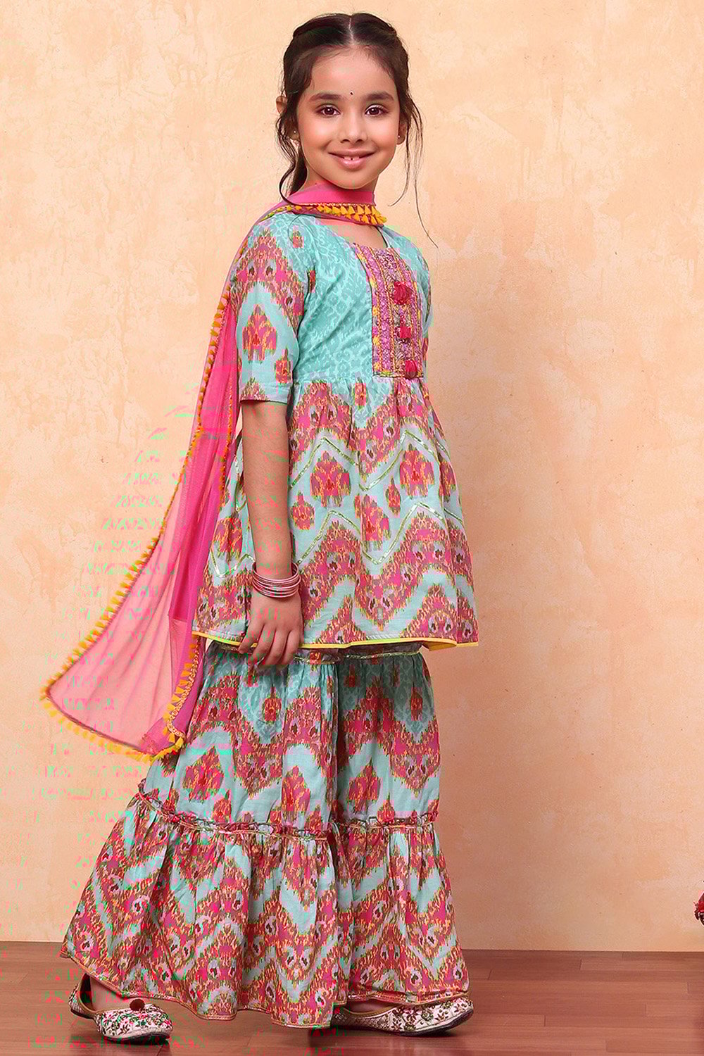 Turquoise Cotton Ikat Printed Peplum Flared Suit Set image number 3
