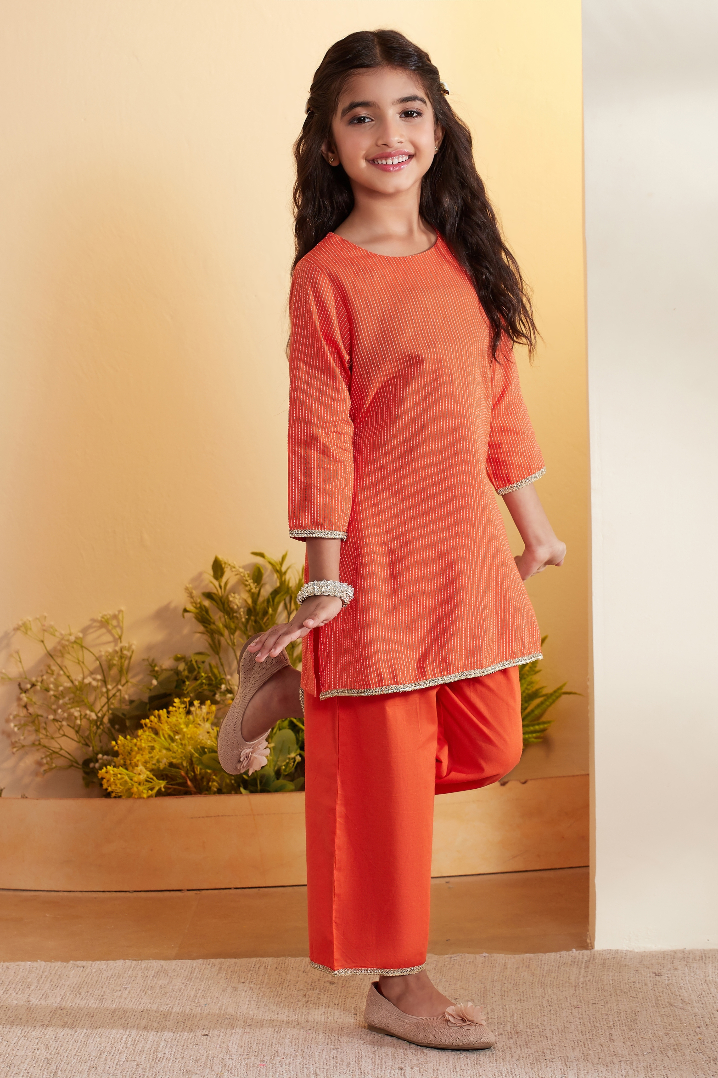 Orange Cotton Straight Kurta Set with Jacket image number 4