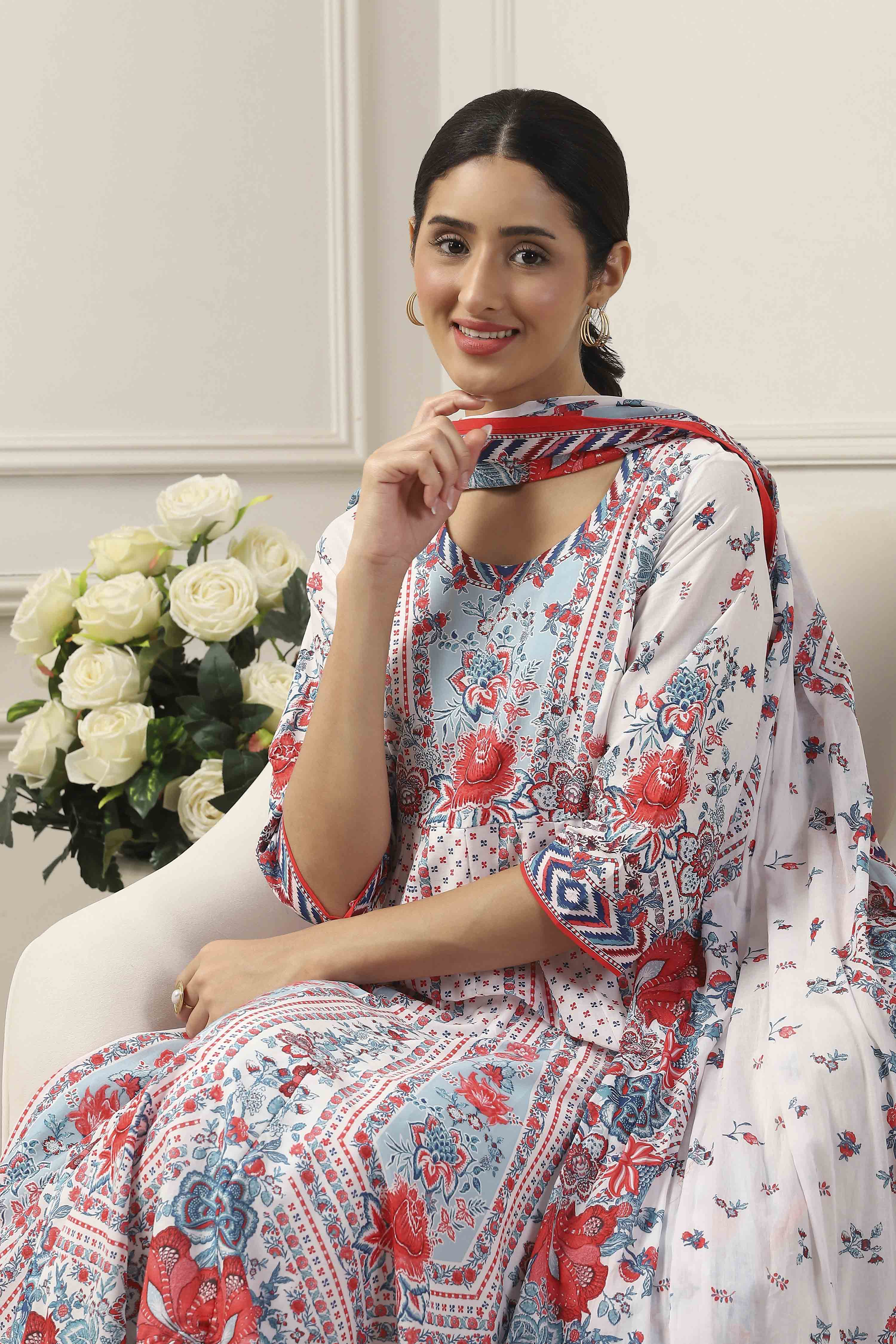 White Cotton Floral Printed Kalidar Suit Set image number 7