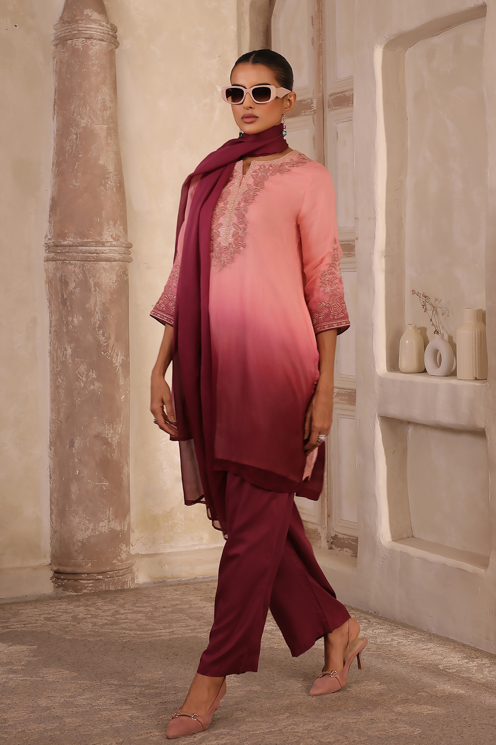 Peach Viscose Blend Straight Suit Set image number 3