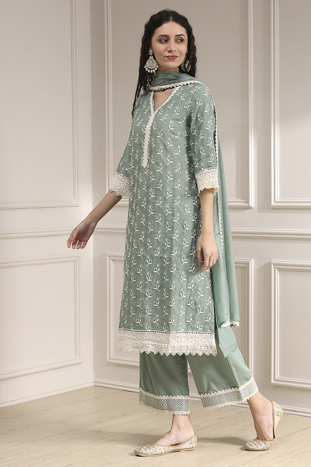 Nude-Toned Chanderi Straight Suit Set image number 2