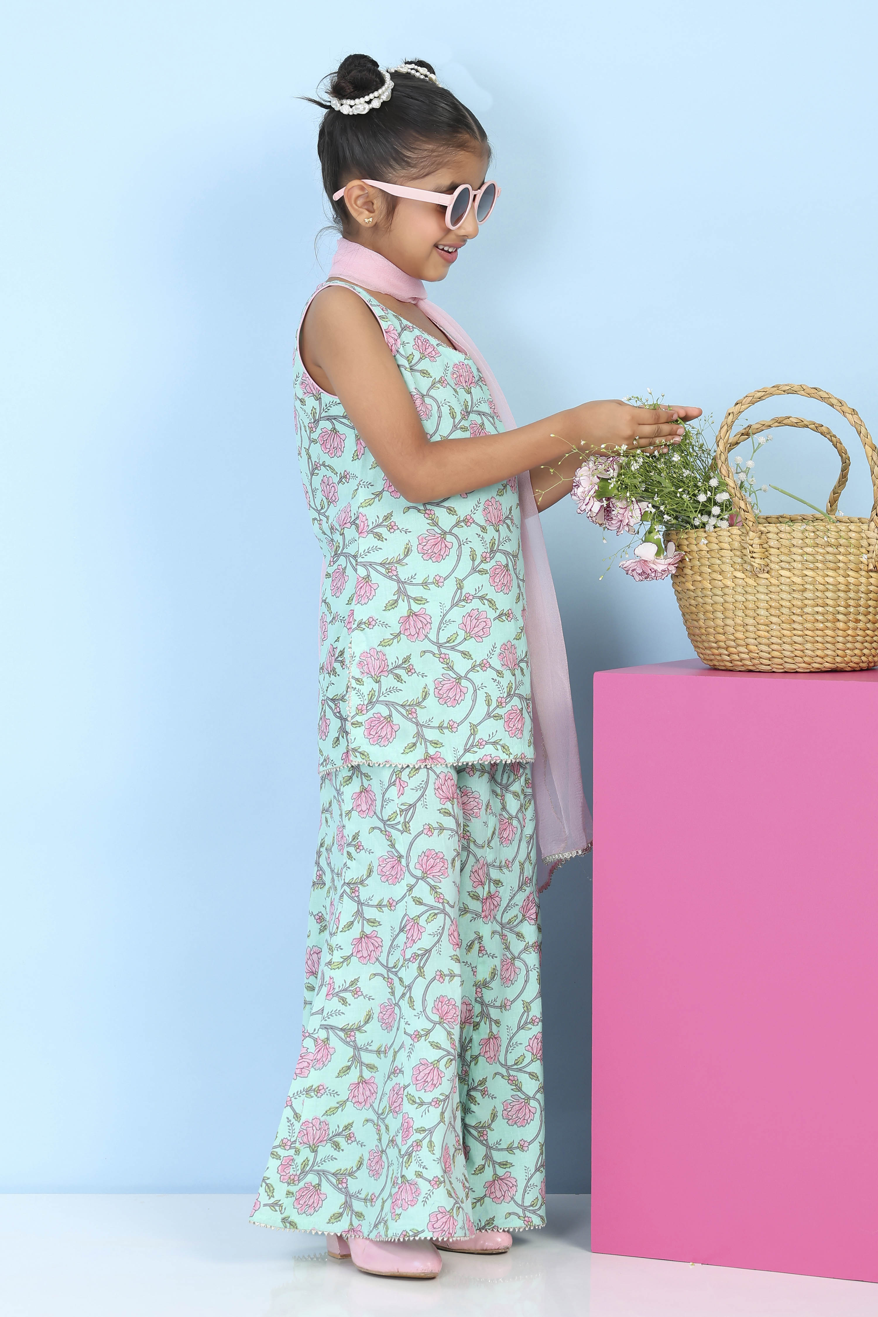 Mint Green Cotton Printed Straight Suit Set image number 0