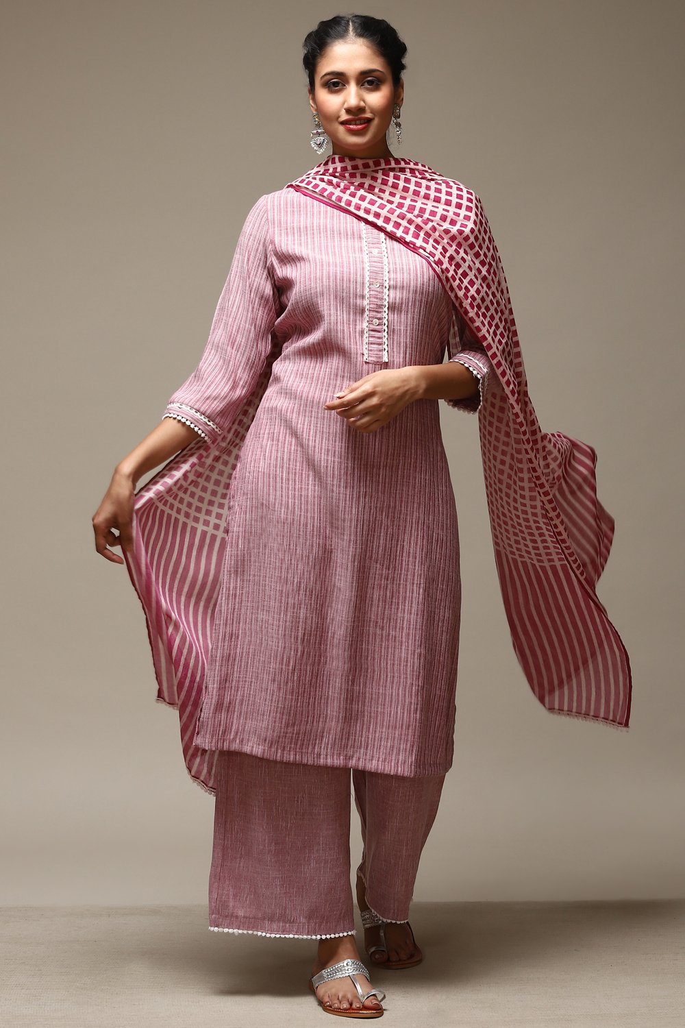 Red Cotton Blend Straight Kurta Palazzo Suit Set image number 0