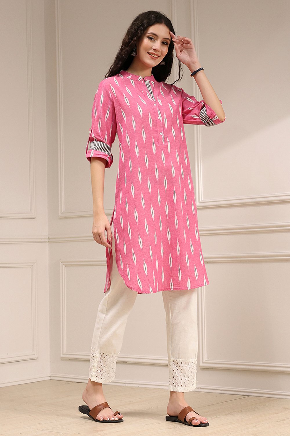 Pink Cotton Straight Yarndyed Kurta image number 4