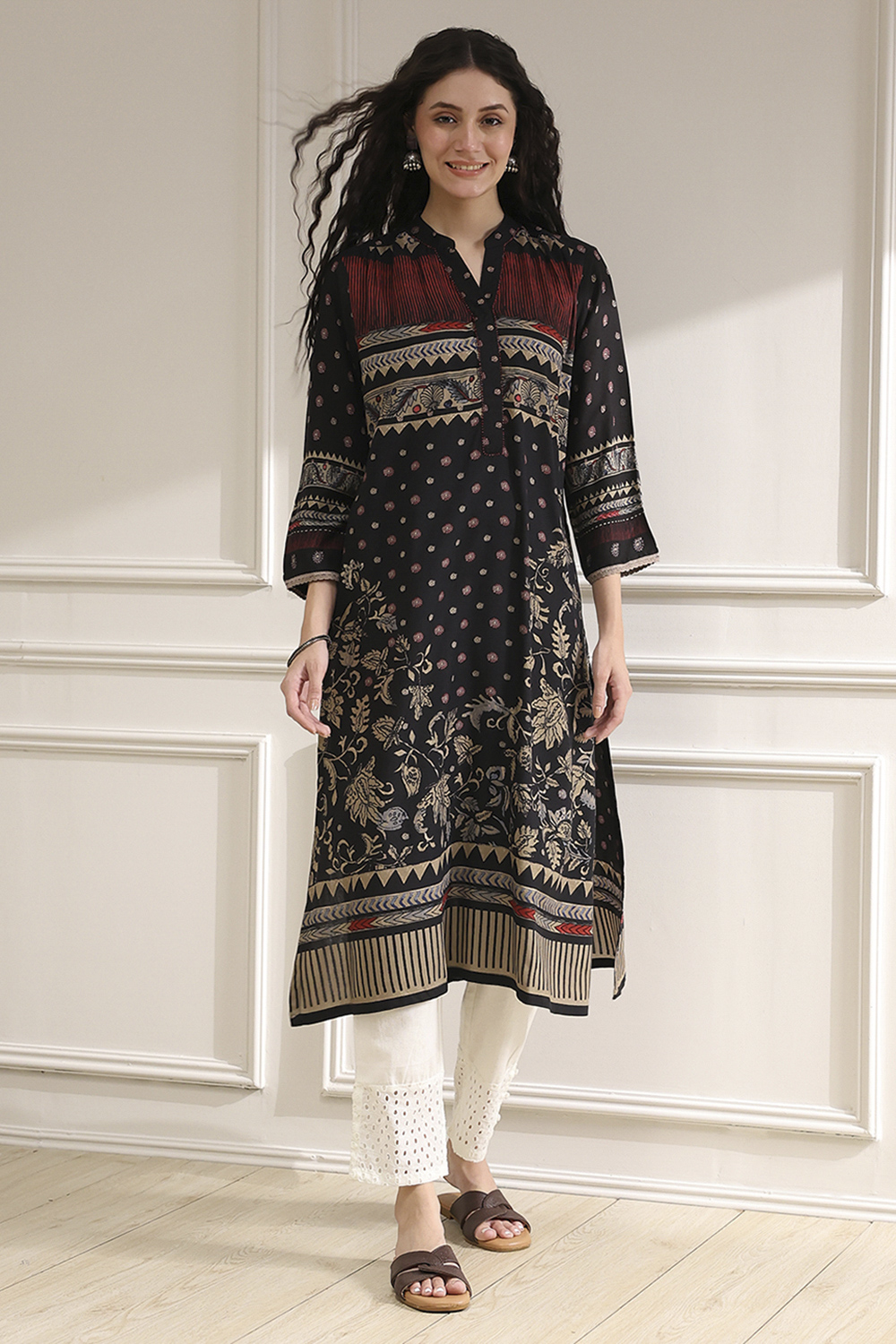 Black Viscose Rayon Straight Printed Kurta image number 0