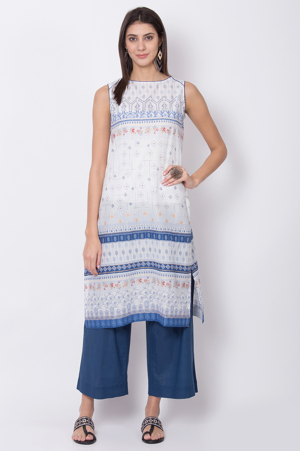 White Cotton Straight Printed Kurta image number 0