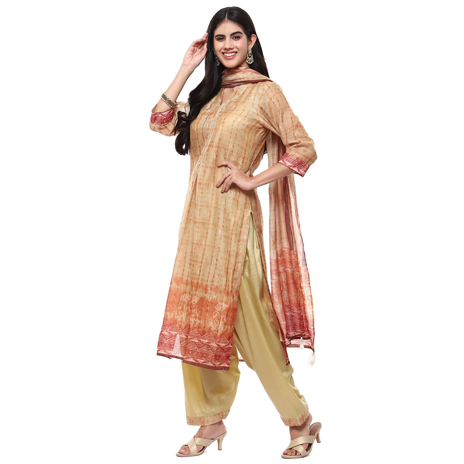 Mustard Chanderi Digital Print Unstitched Suit Set image number 4