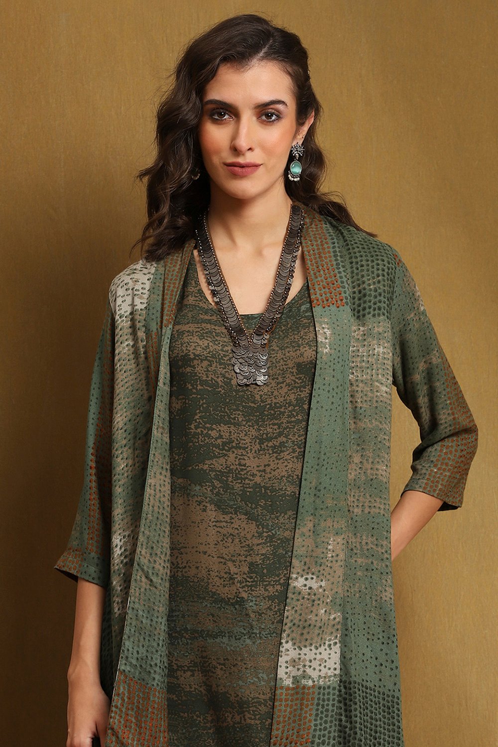 Olive Green Hand-Block Printed Straight Co-ord Set image number 1
