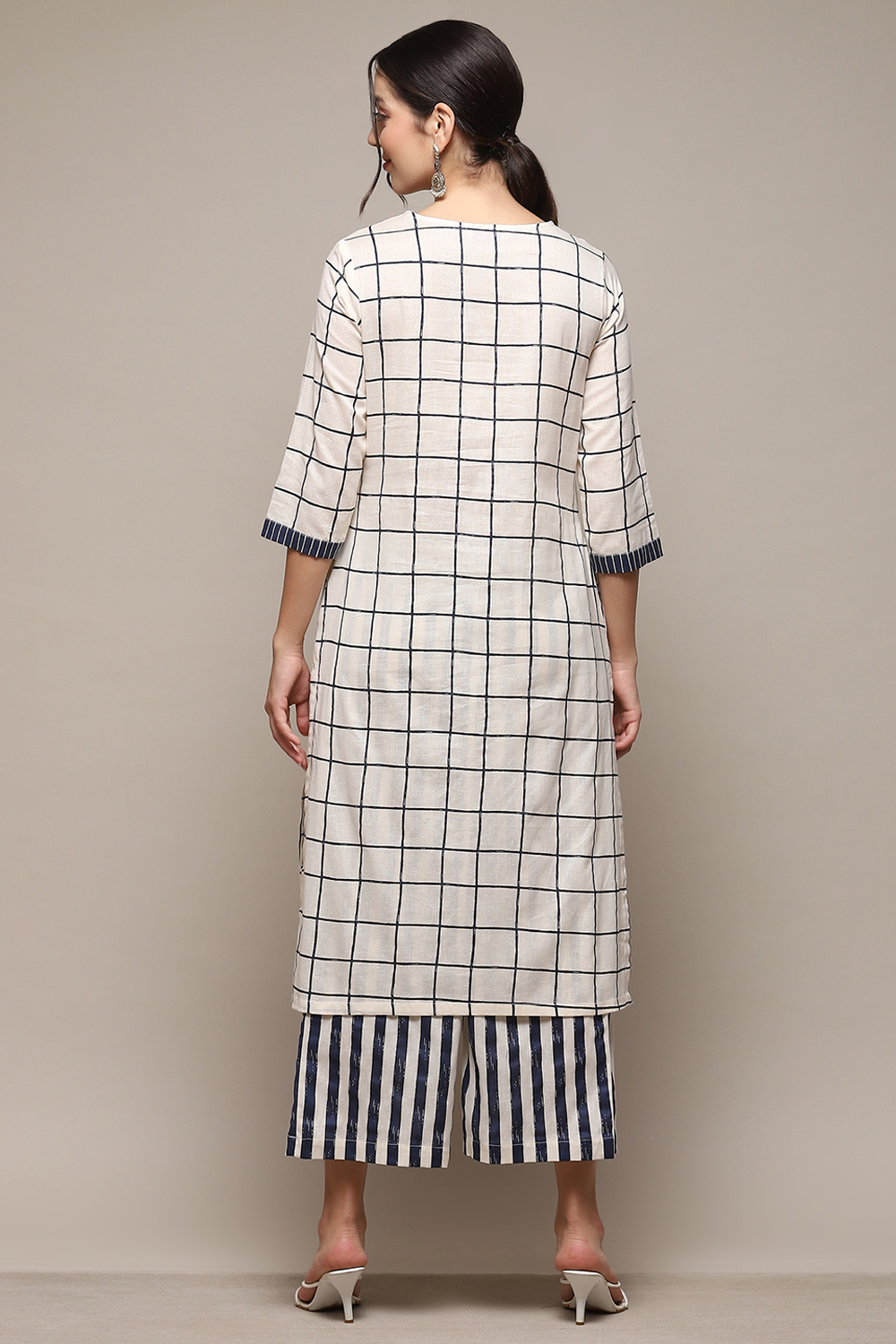 Natural & Blue Cotton Flax Straight Kurta Palazzo Suit Set image number 4