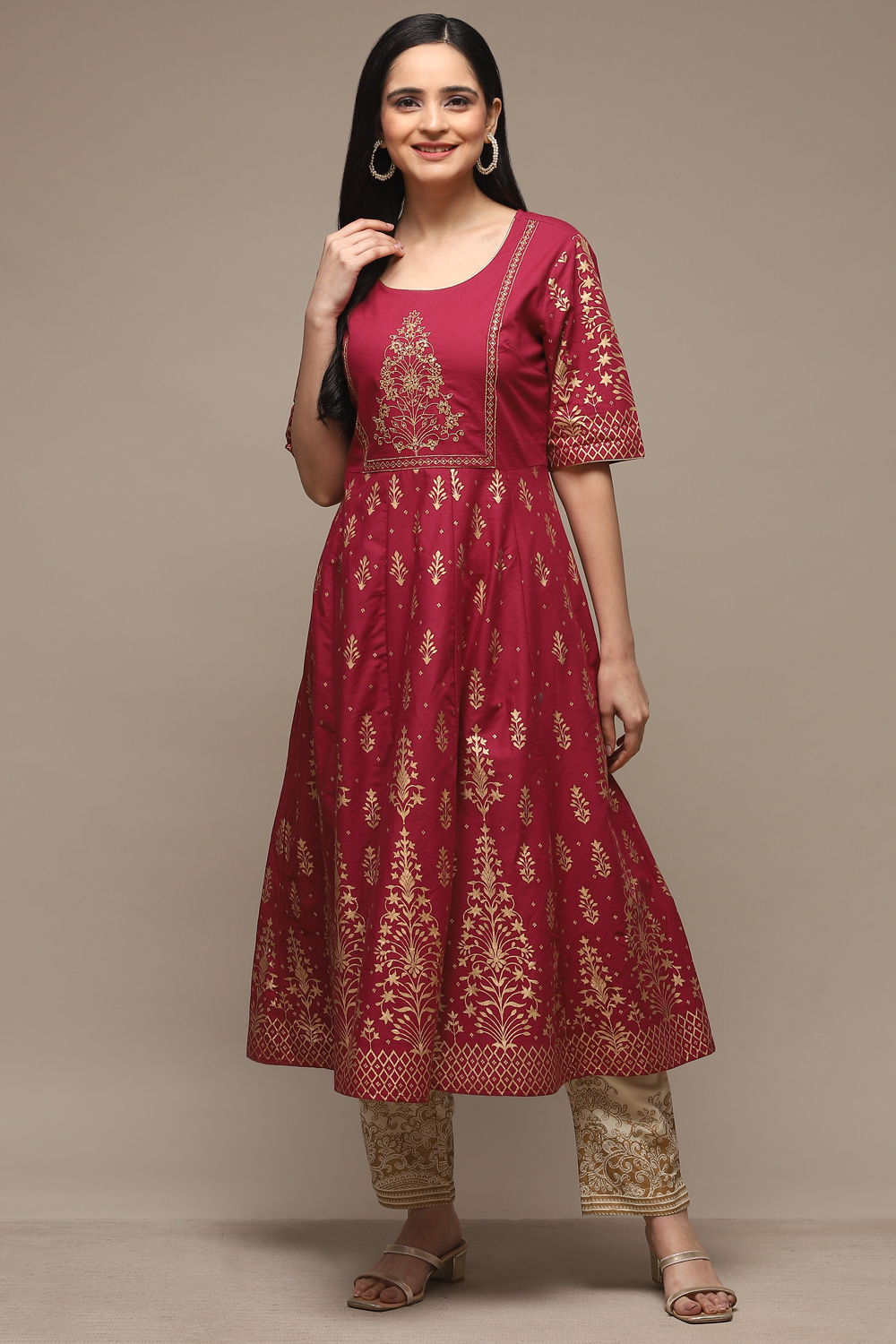 Wine Cotton Flared Printed Kurta image number 5