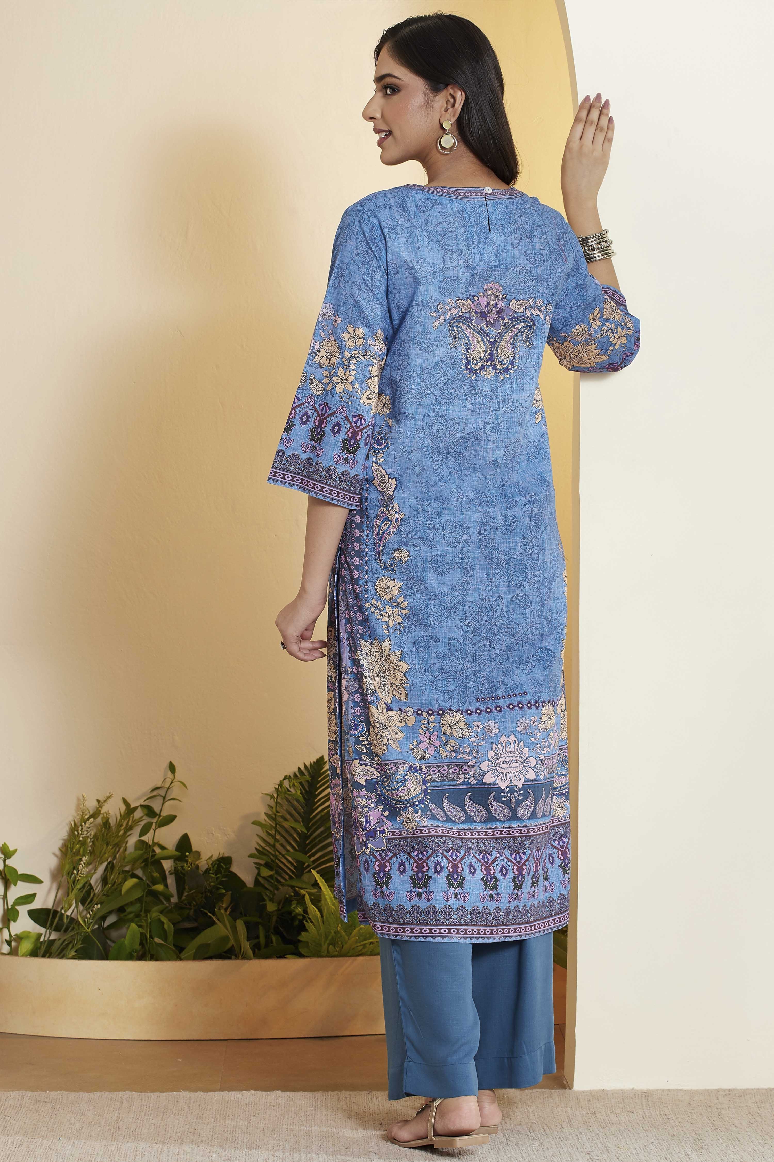 Blue Cotton Printed Straight Kurta Set image number 6
