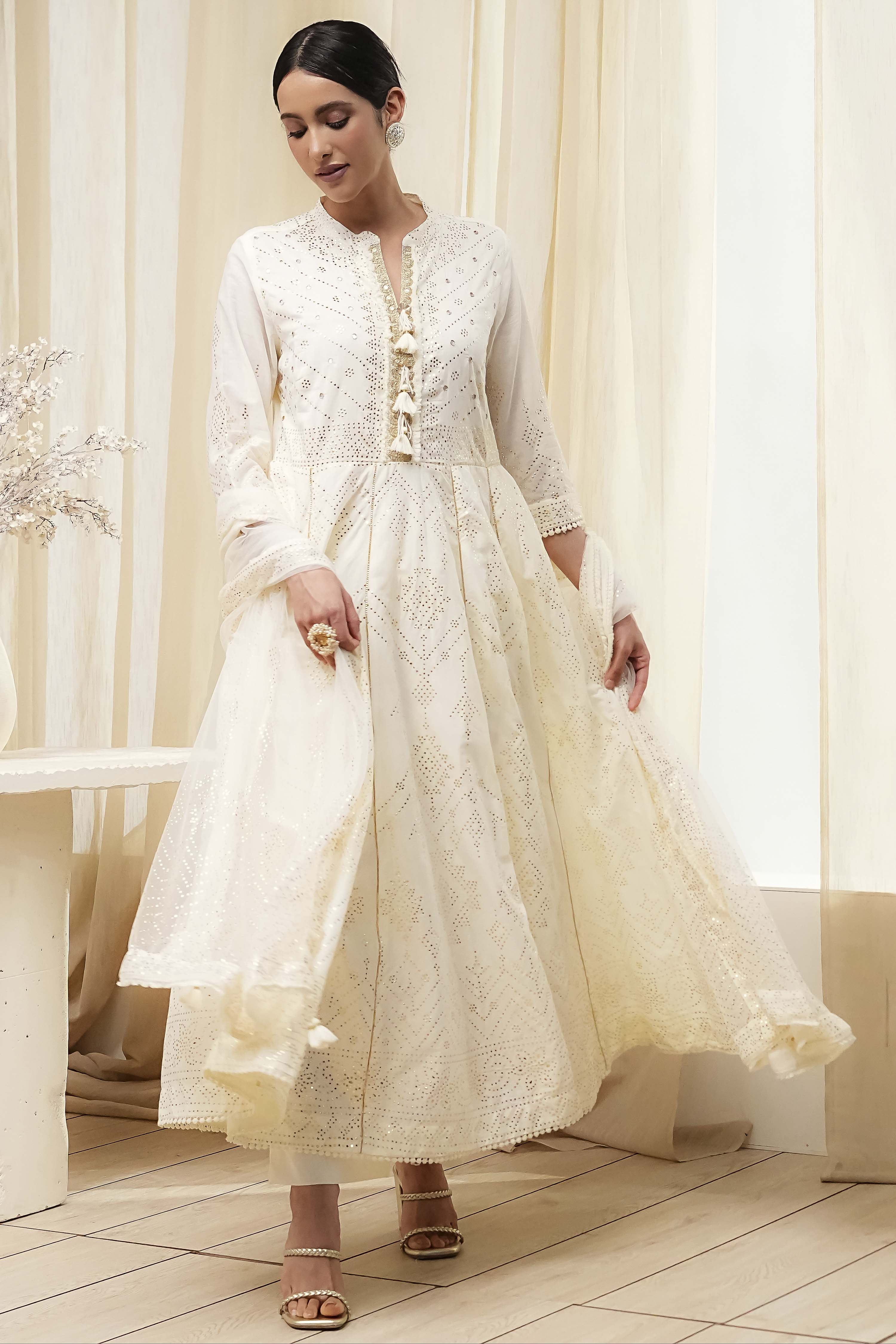 Off-White Cotton Embellished Anarkali Suit Set image number 7