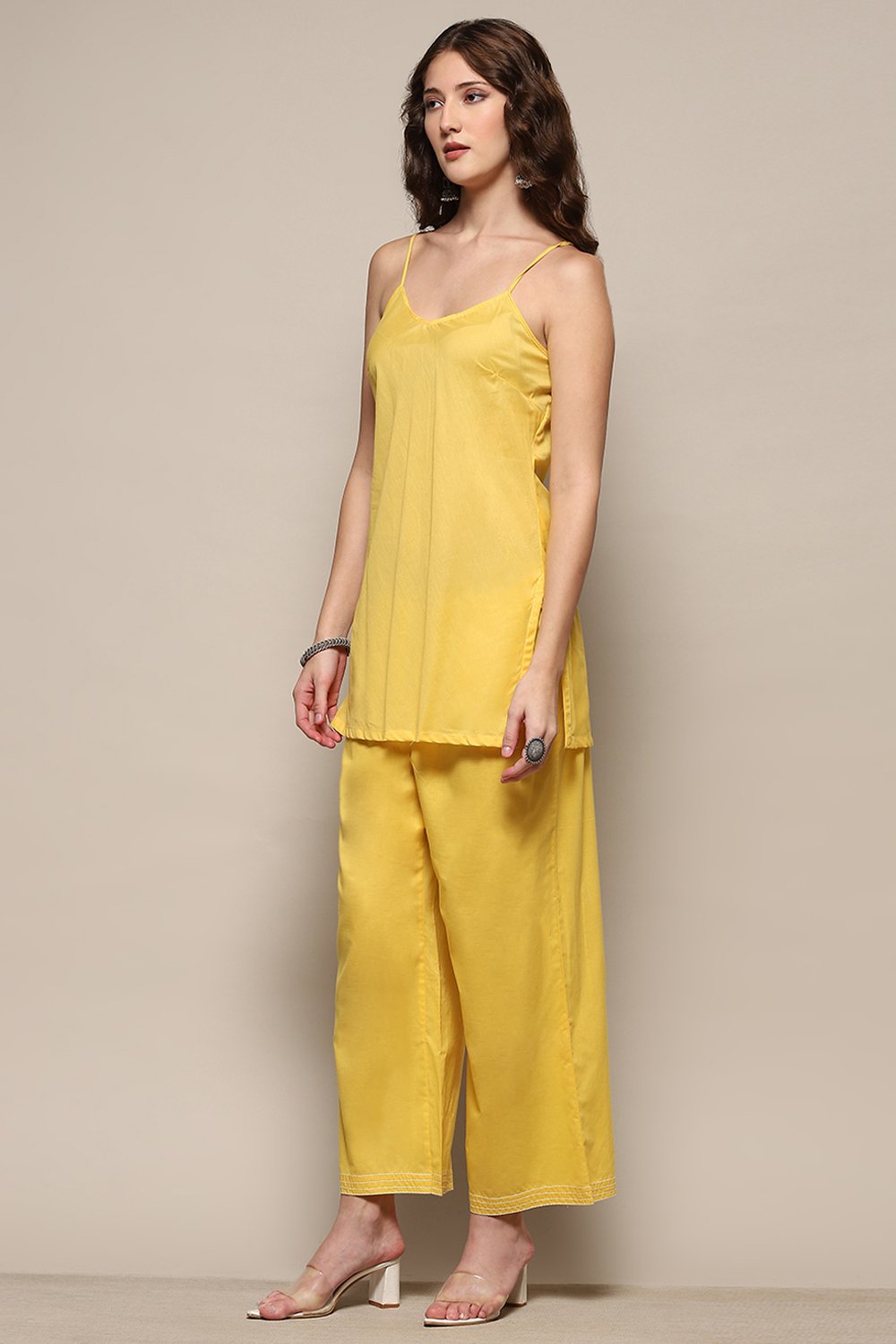 Yellow Cotton Schiffli Kurta & Palazzo Suit Set image number 7