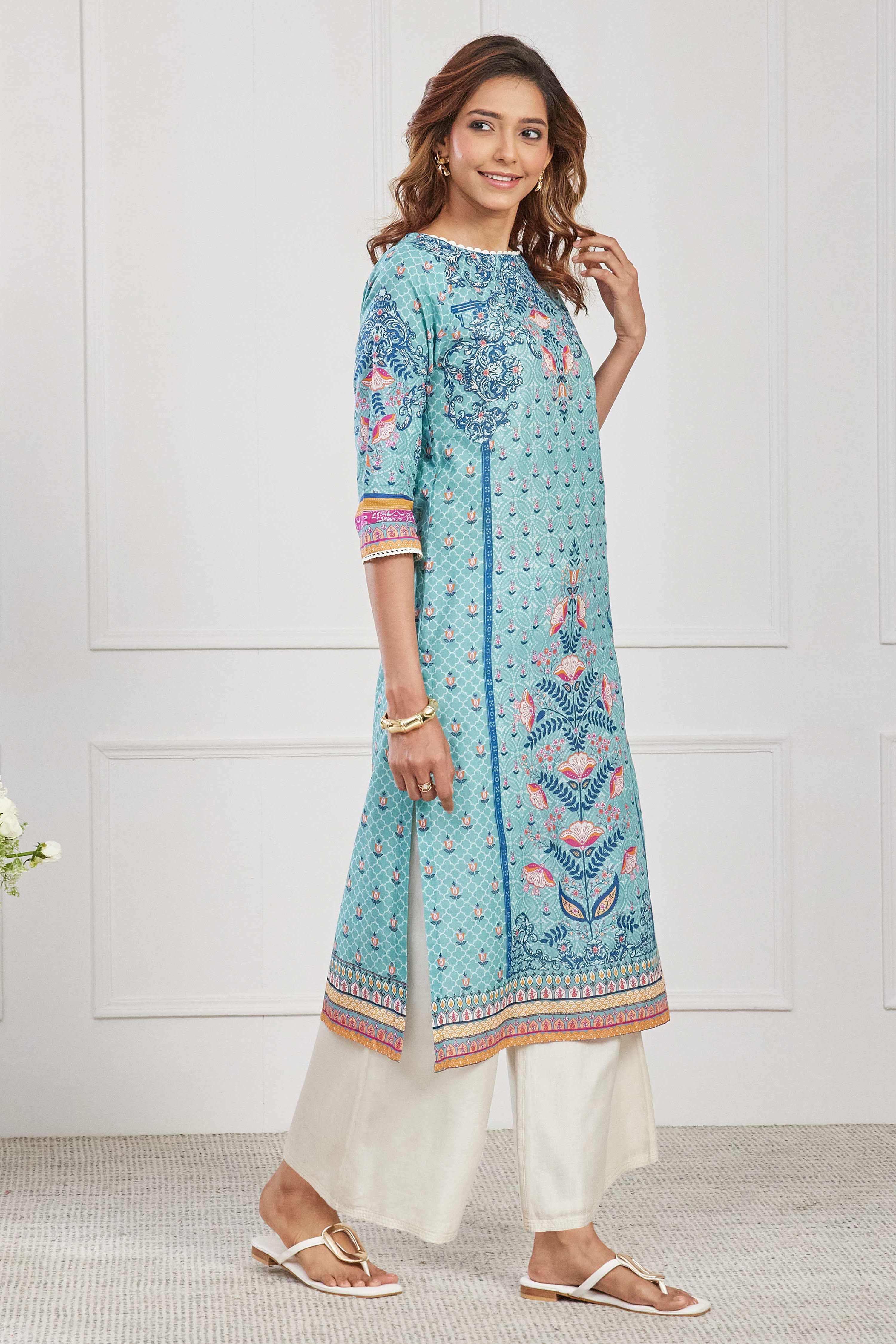 Pink Cotton Printed Straight Kurta image number 3