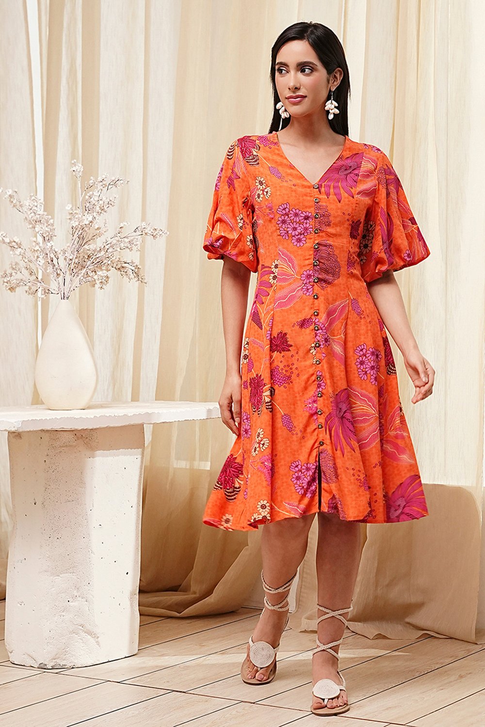 Orange Floral Printed Flared Dress image number 0