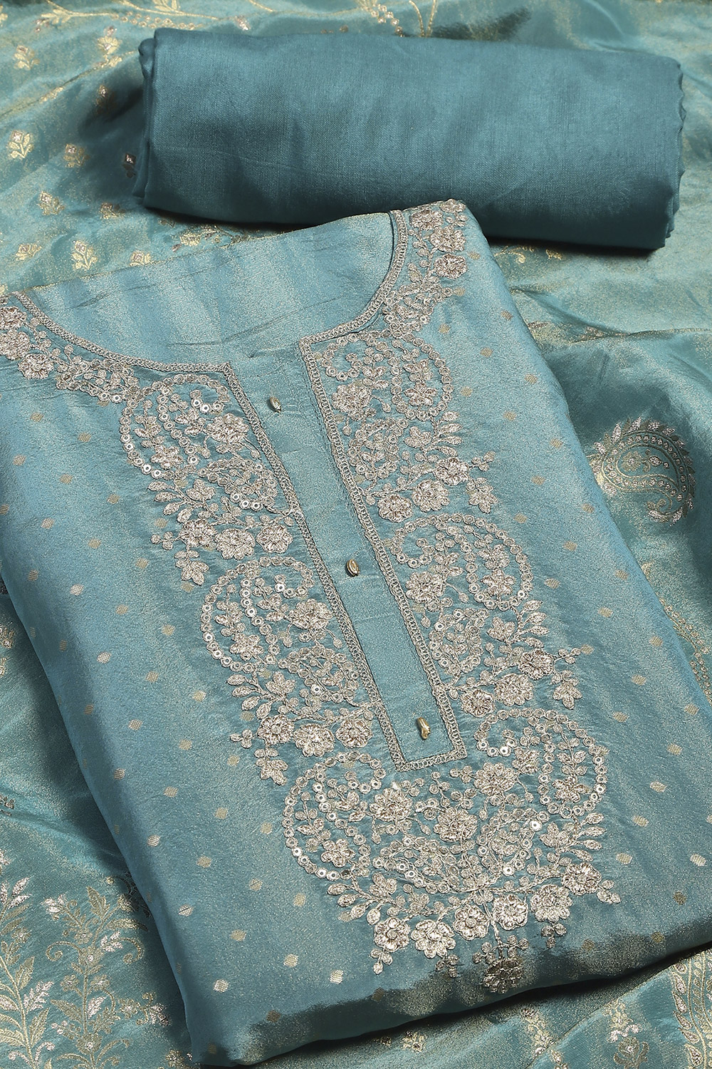 Pastel Blue Tissue Woven Unstitched Suit Set image number 1