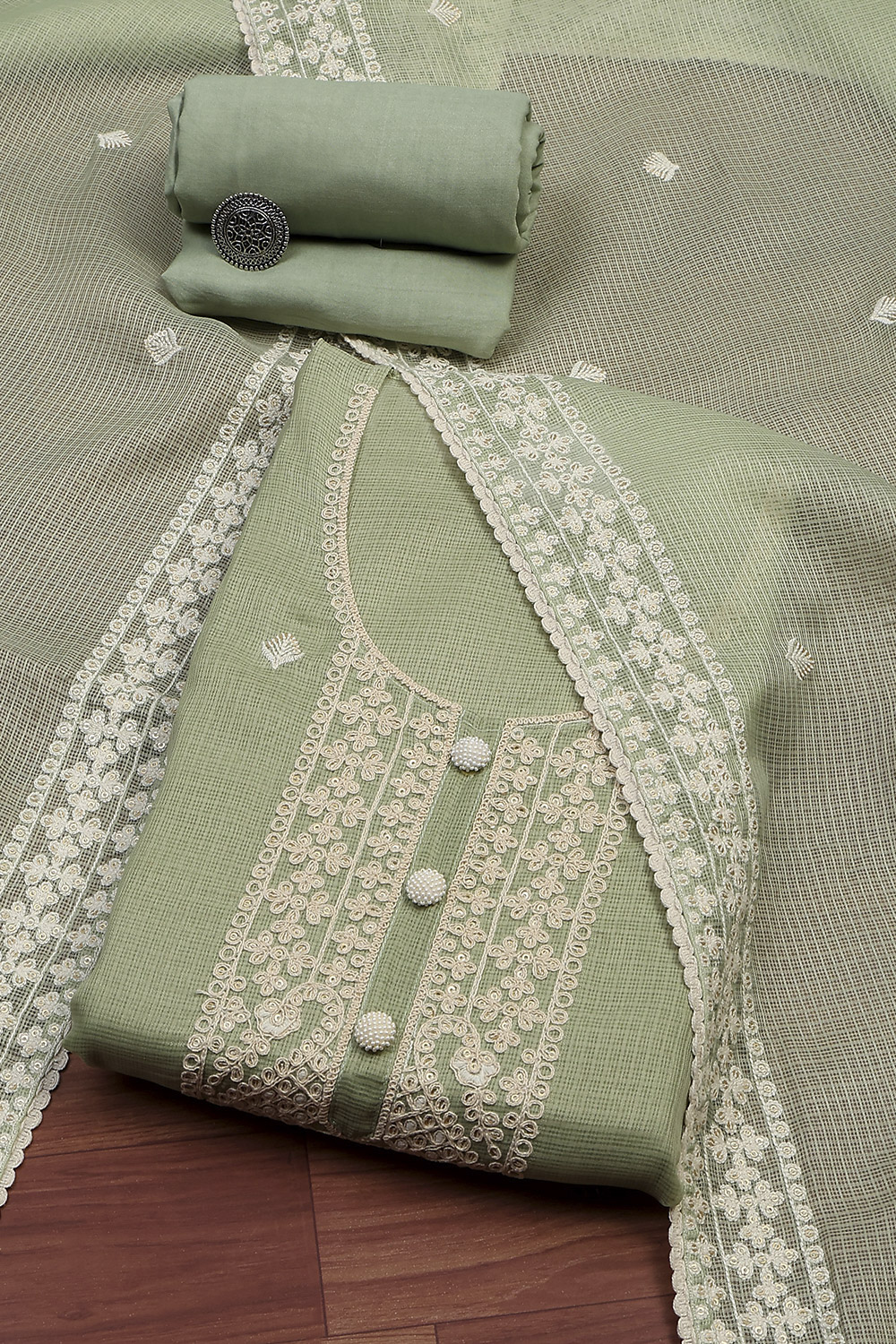 Green Cotton Embroidered Unstitched Suit Set image number 0