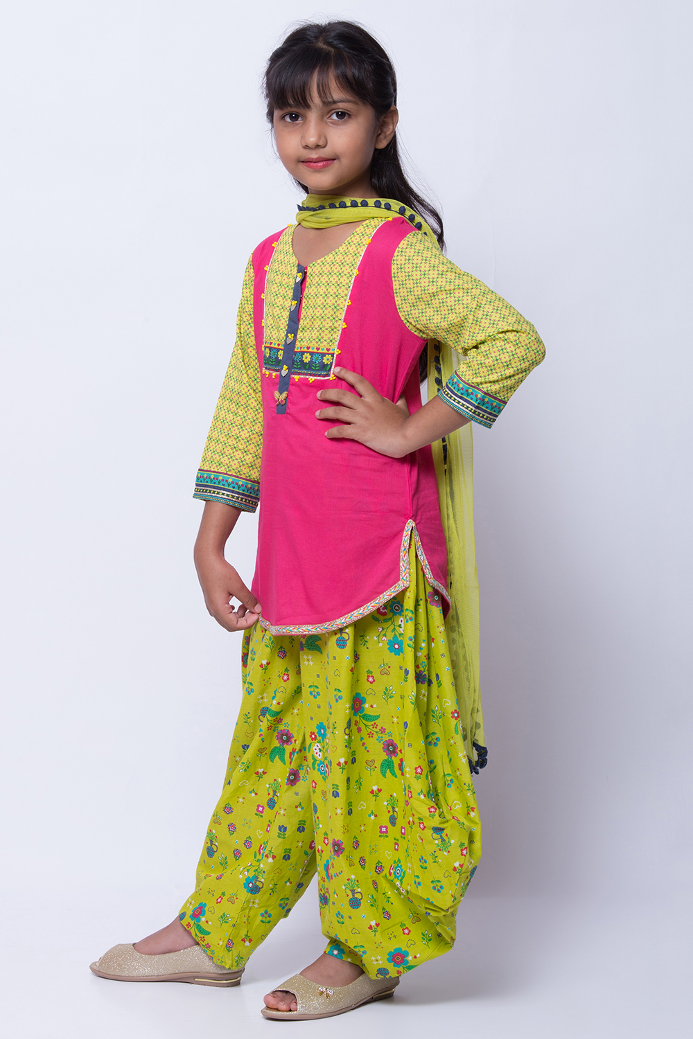Pink Cotton Straight Kurta Dhoti Pant Suit Set image number 2