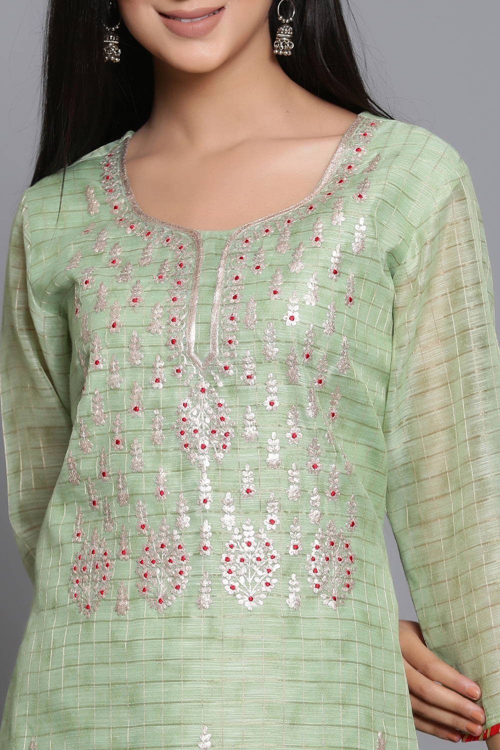 Green Unstitched dress material Suit Set image number 1