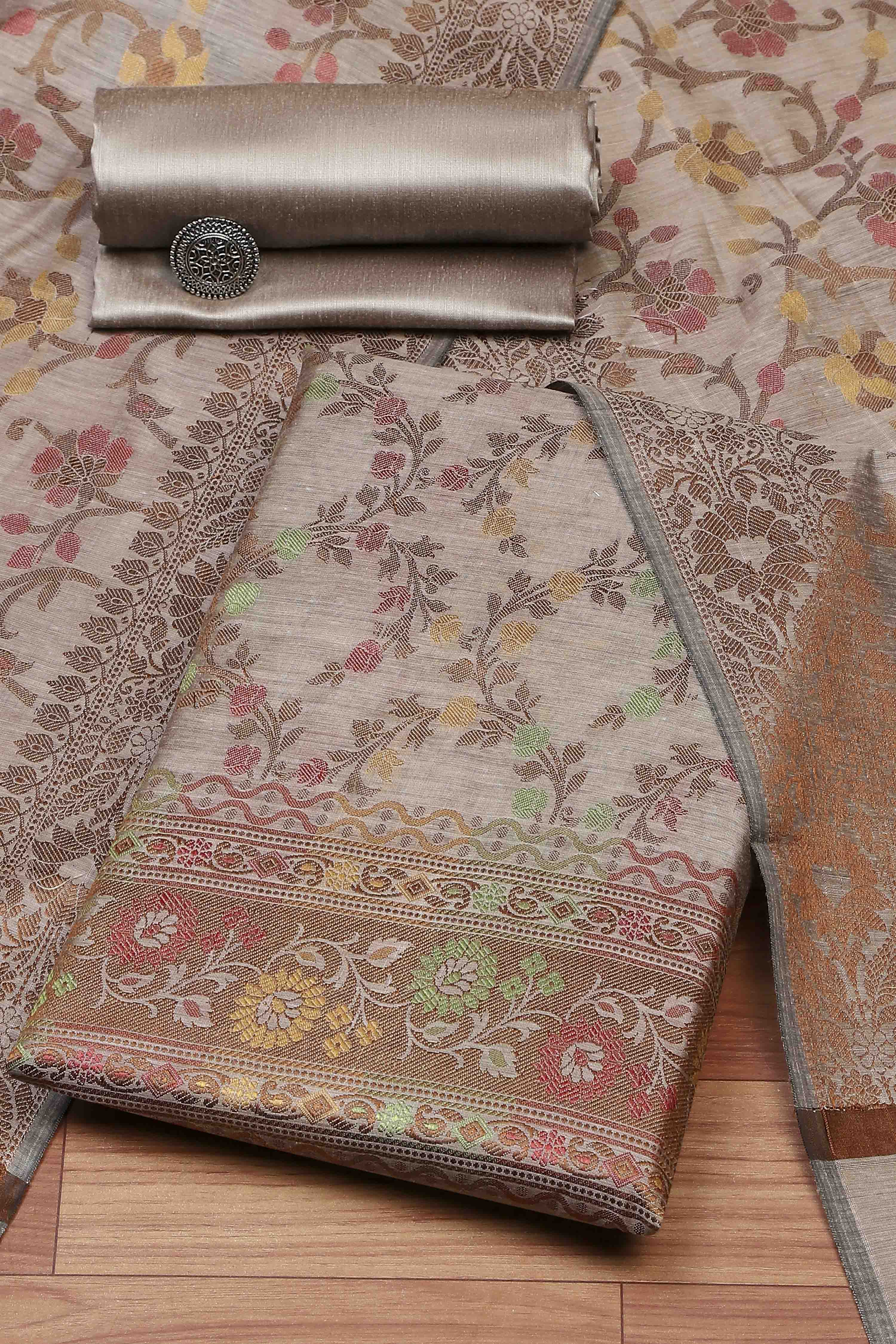 Grey Cotton Printed Embroidered Unstitched Suit Set image number 0