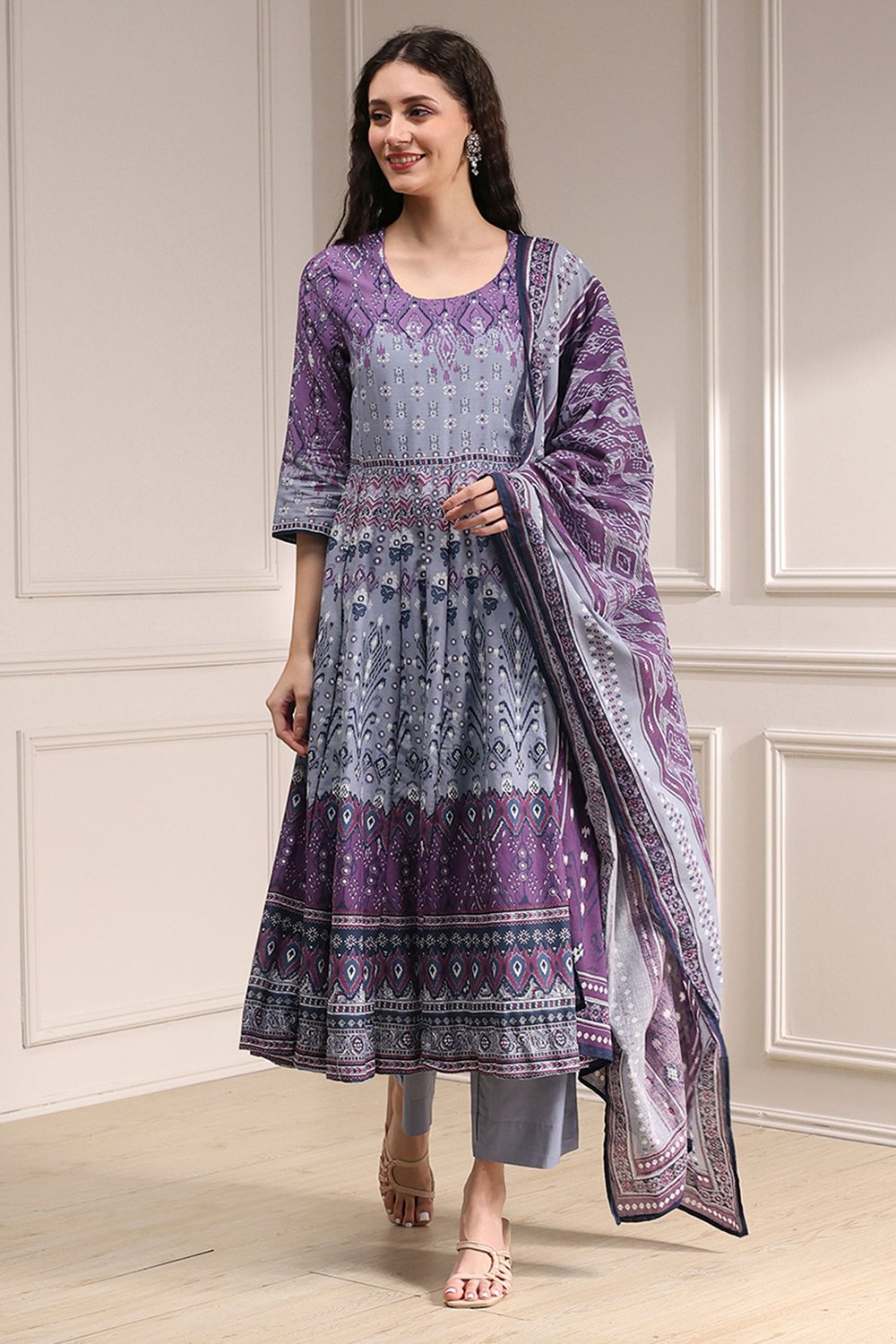 Lilac Cotton Printed Anarkali Suit Set image number 6